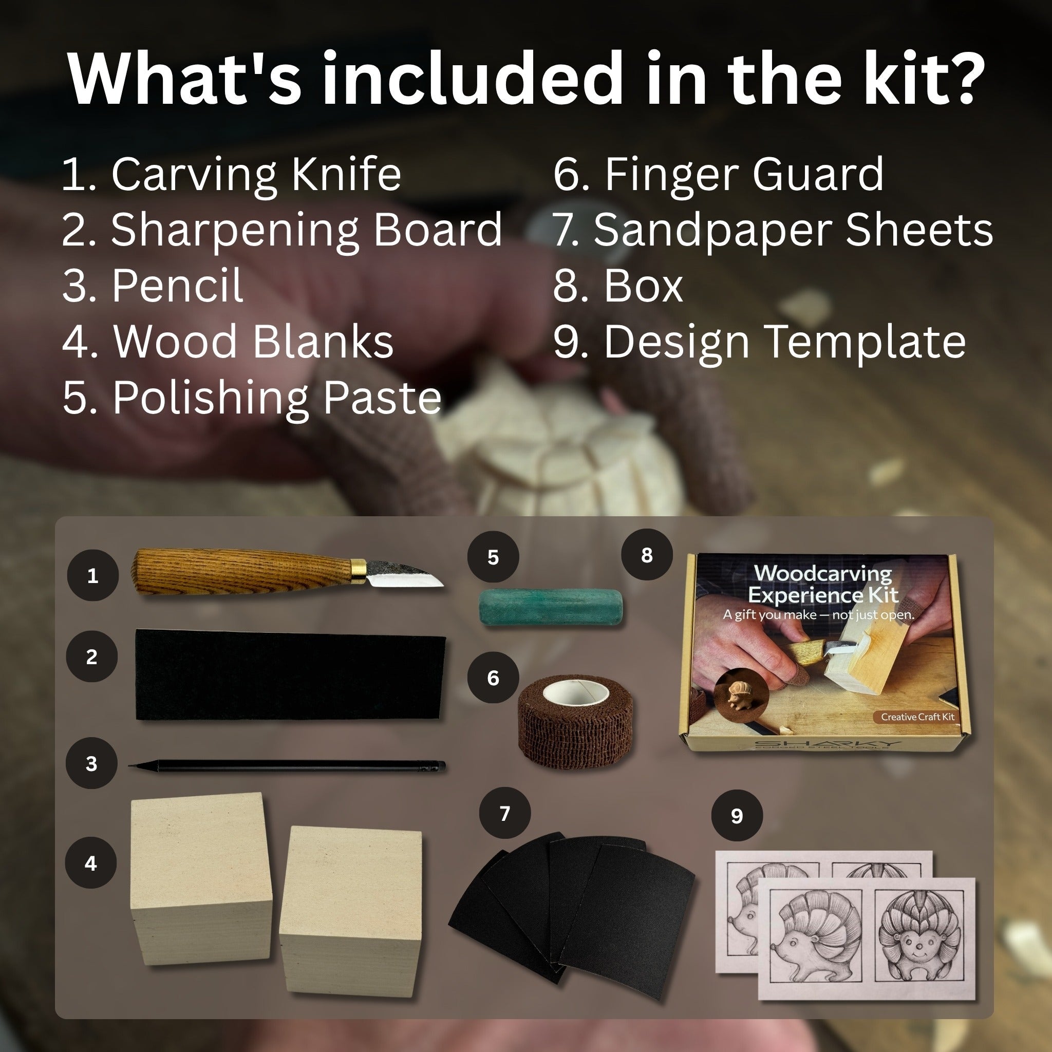Complete Hedgehog Carving Kit with knife, wooden blocks, sandpaper, sharpening board, pencil, and hedgehog drawing