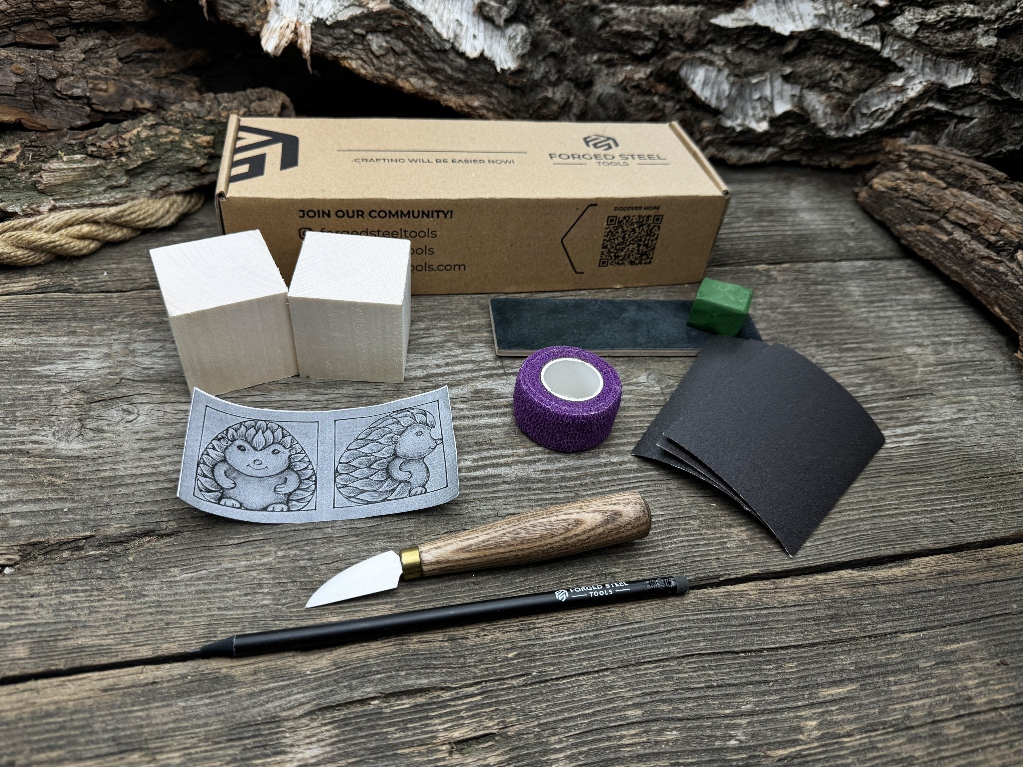 Hedgehog Wood Carving Kit with knife, wooden blocks, sandpaper, sharpening board, pencil, and hedgehog pattern
