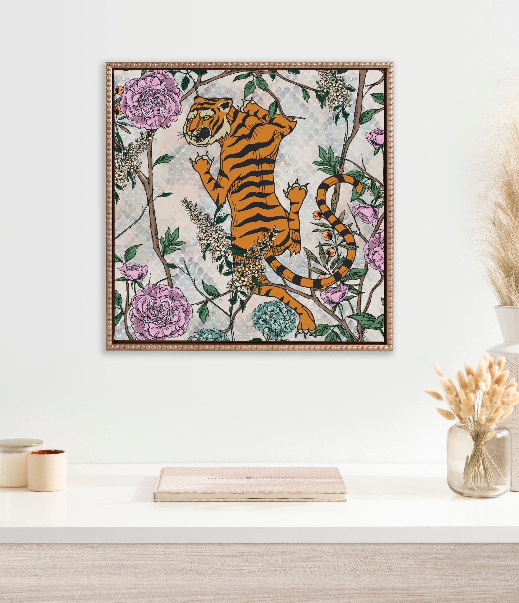 Sylvie Beaded Tiger Floral Framed Canvas by Nikki Chu