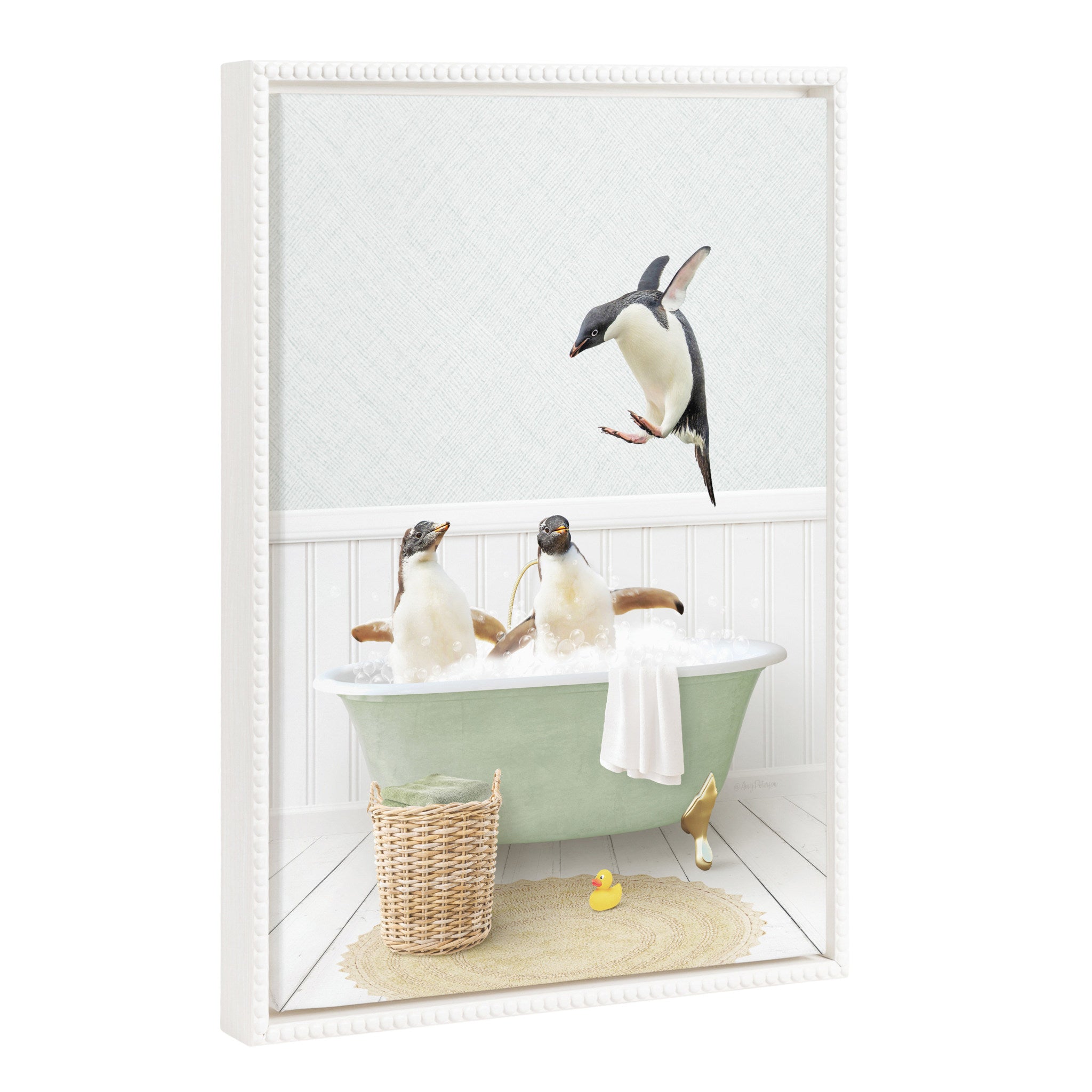 Sylvie Beaded Penguins in Cottage Bath floating framed canvas artwork by Amy Peterson showing whimsical penguins in a cottage bath scene