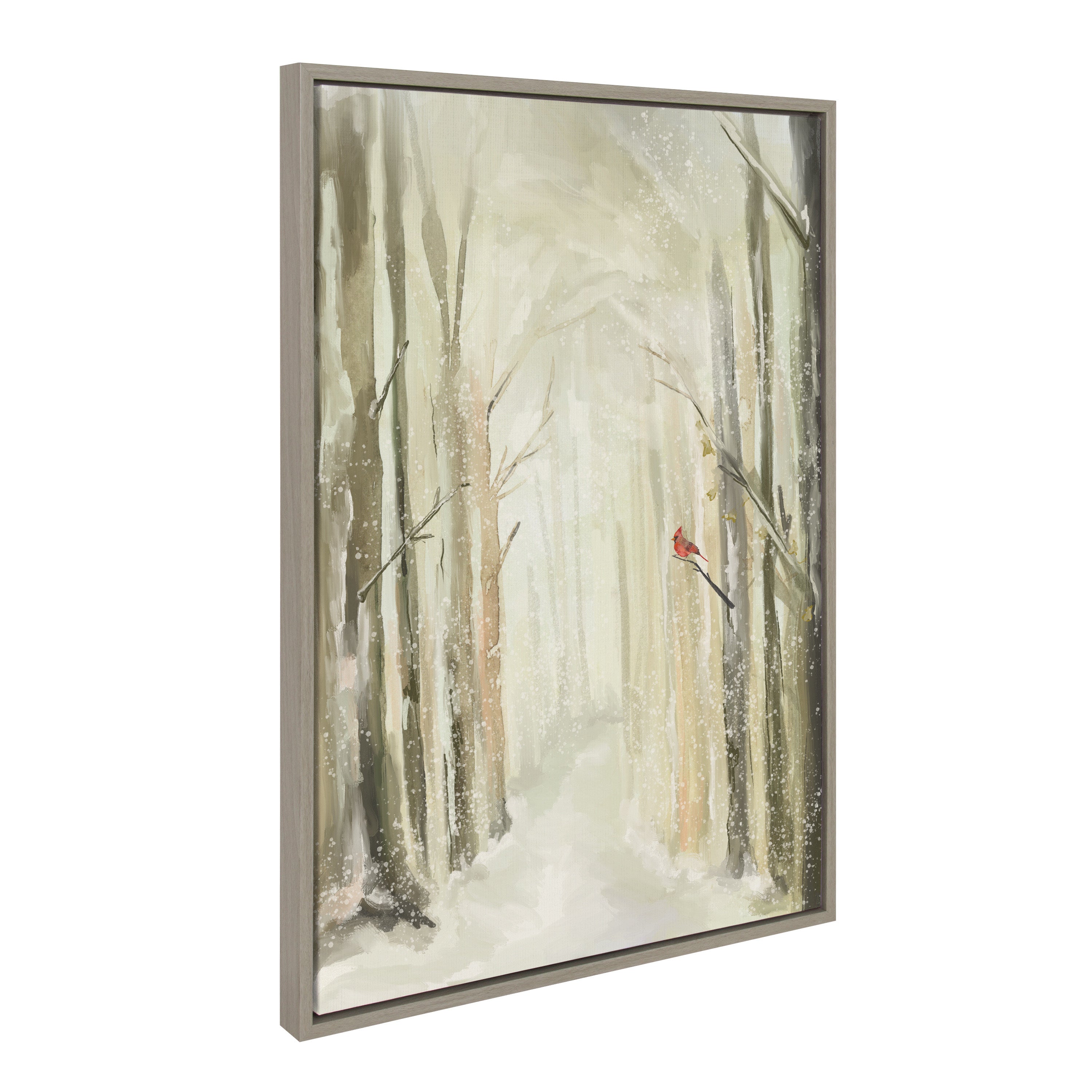 Sylvie Winter Landscape 2 Framed Canvas Art showing a serene path through a snow-covered forest with tall trees, framed in a light-toned matte polystyrene frame.