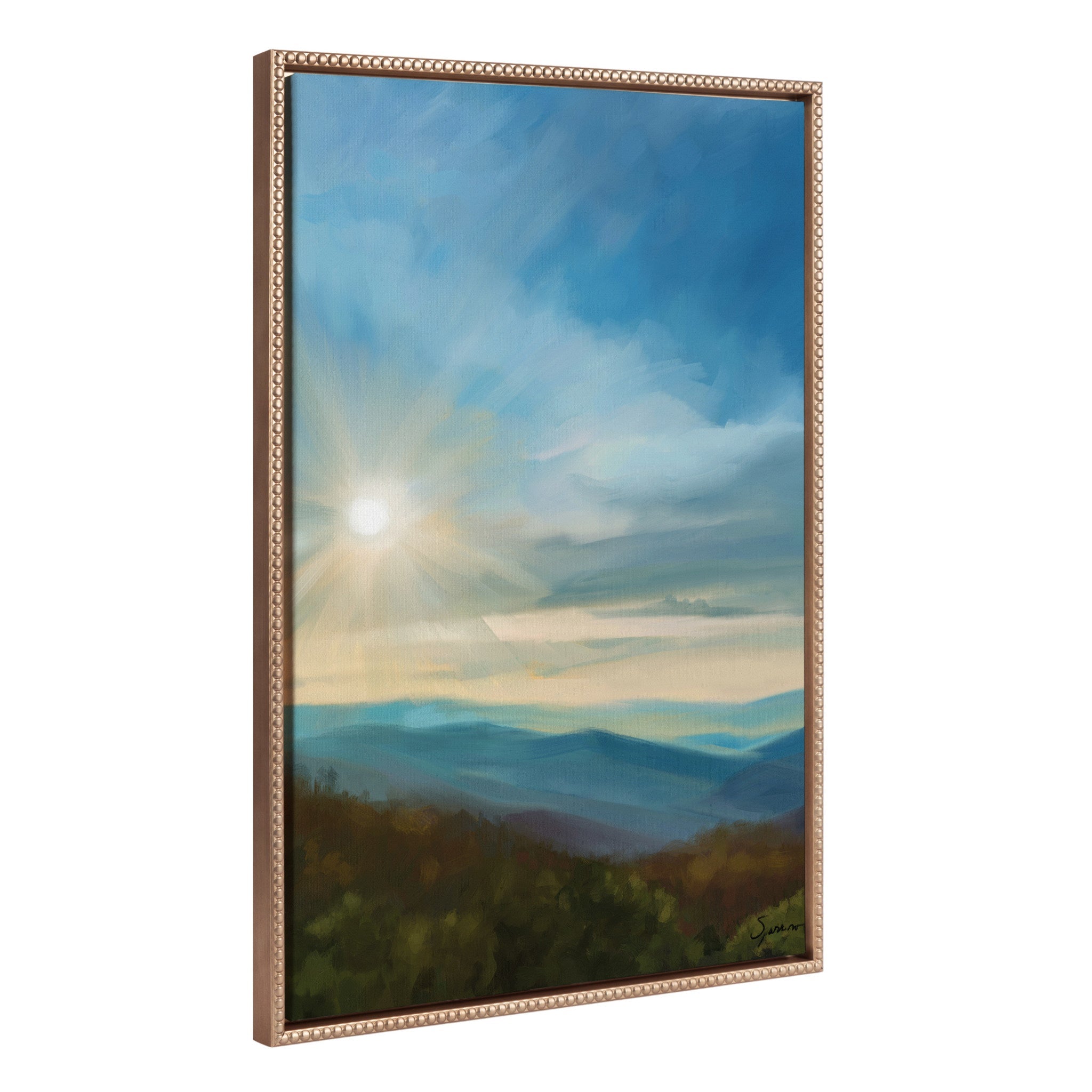 Sylvie Beaded Blue Ridge Sun Framed Canvas showing vibrant Blue Ridge sun colors with vintage beaded gold frame