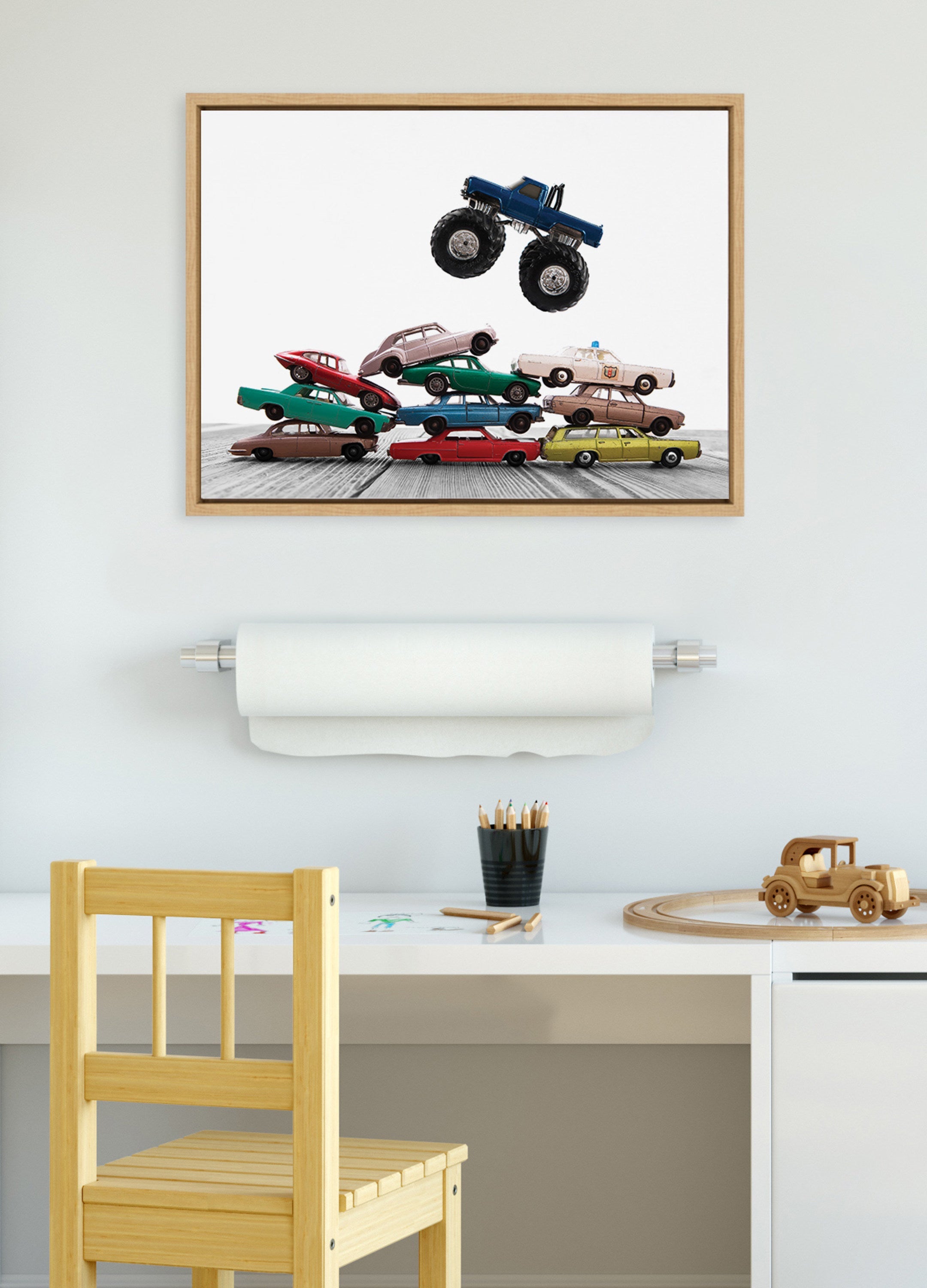 Sylvie Vintage Stacked Matchbox Cars and Monster Truck Framed Canvas by Saint and Sailor Studios