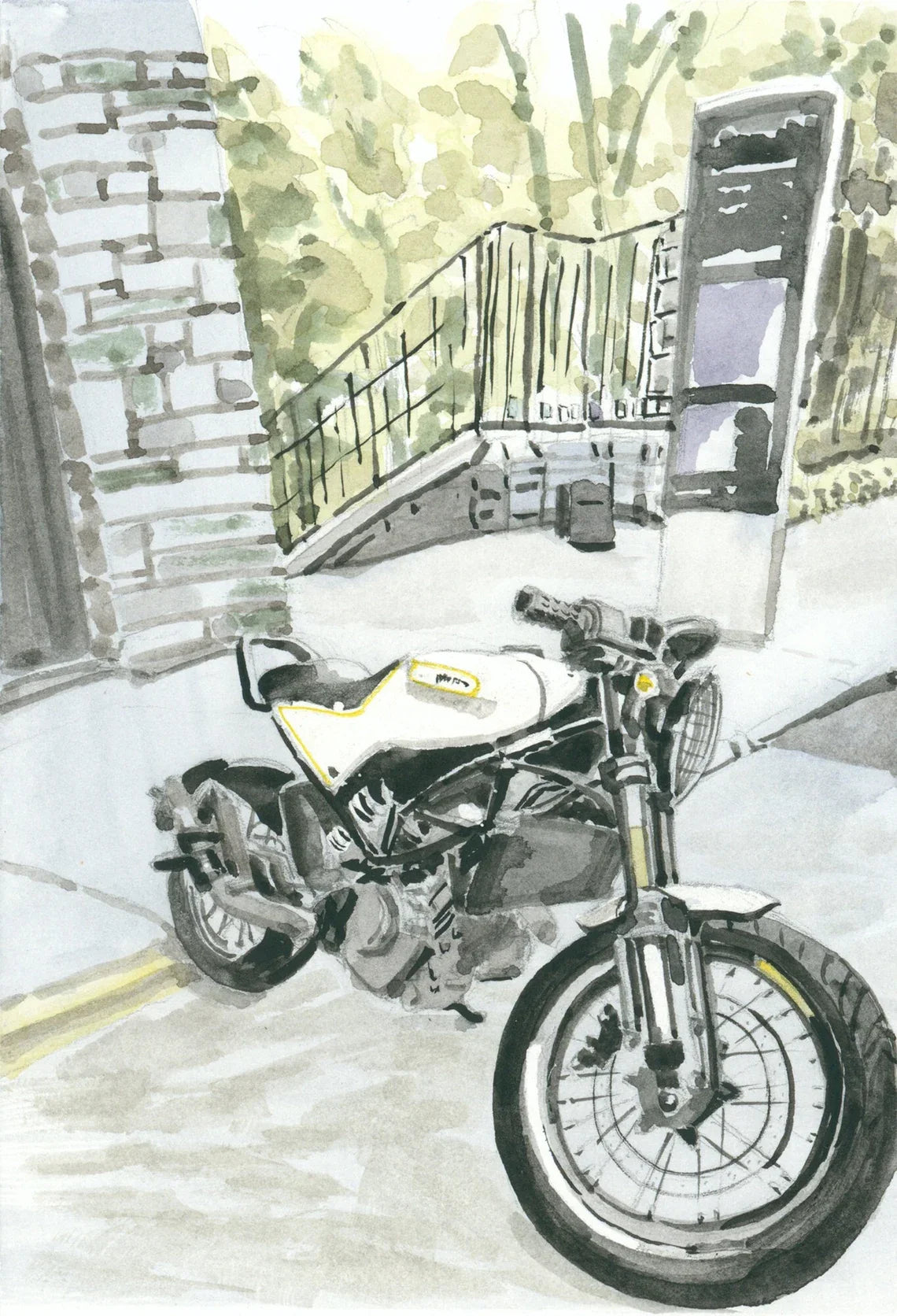 Watercolor print of a classic Husqvarna motorcycle in Washington Heights by Art By Francis