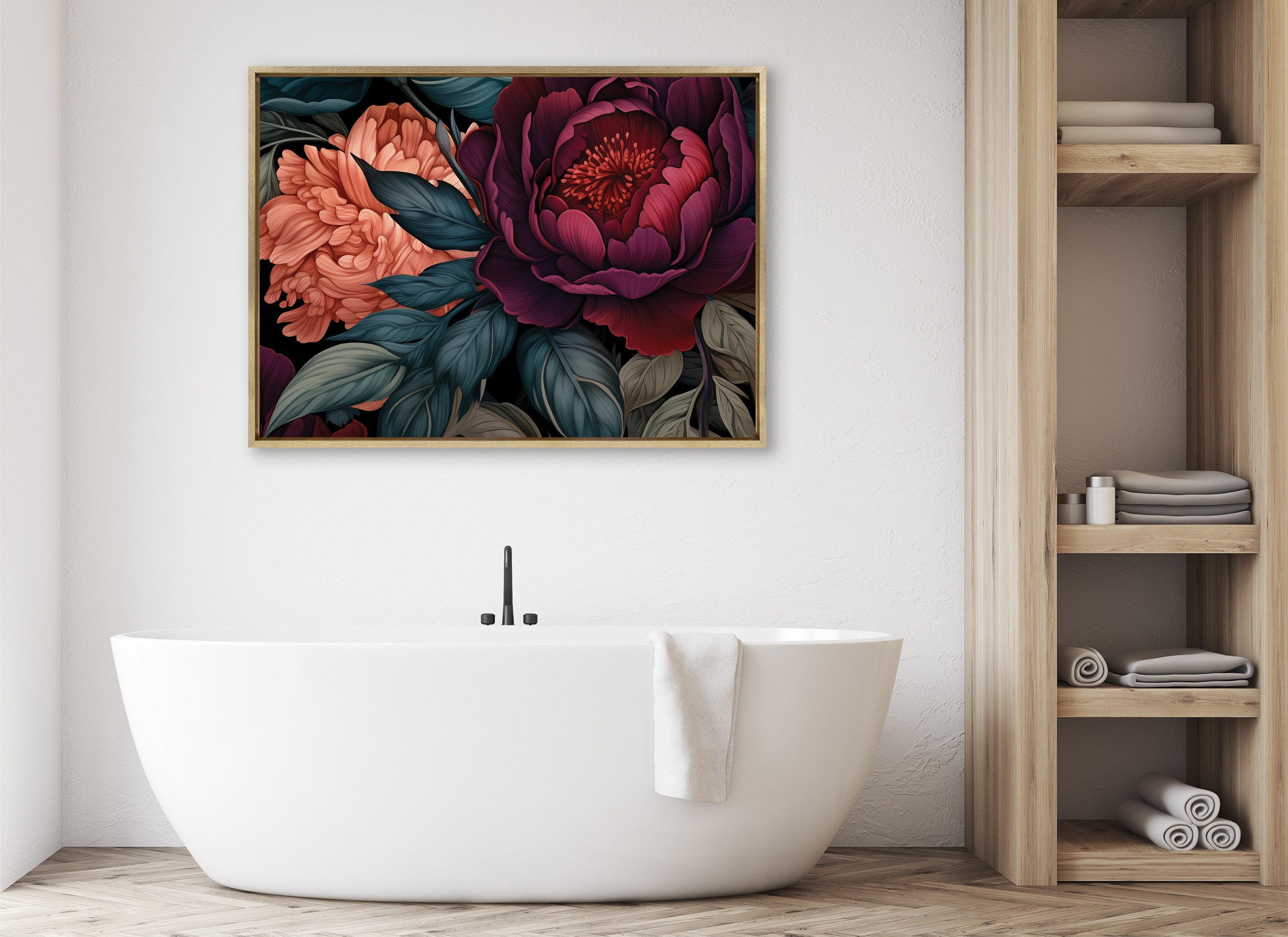 Sylvie Dark Academia Floral in Rich Jewel Tones Framed Canvas by The Creative Bunch Studio