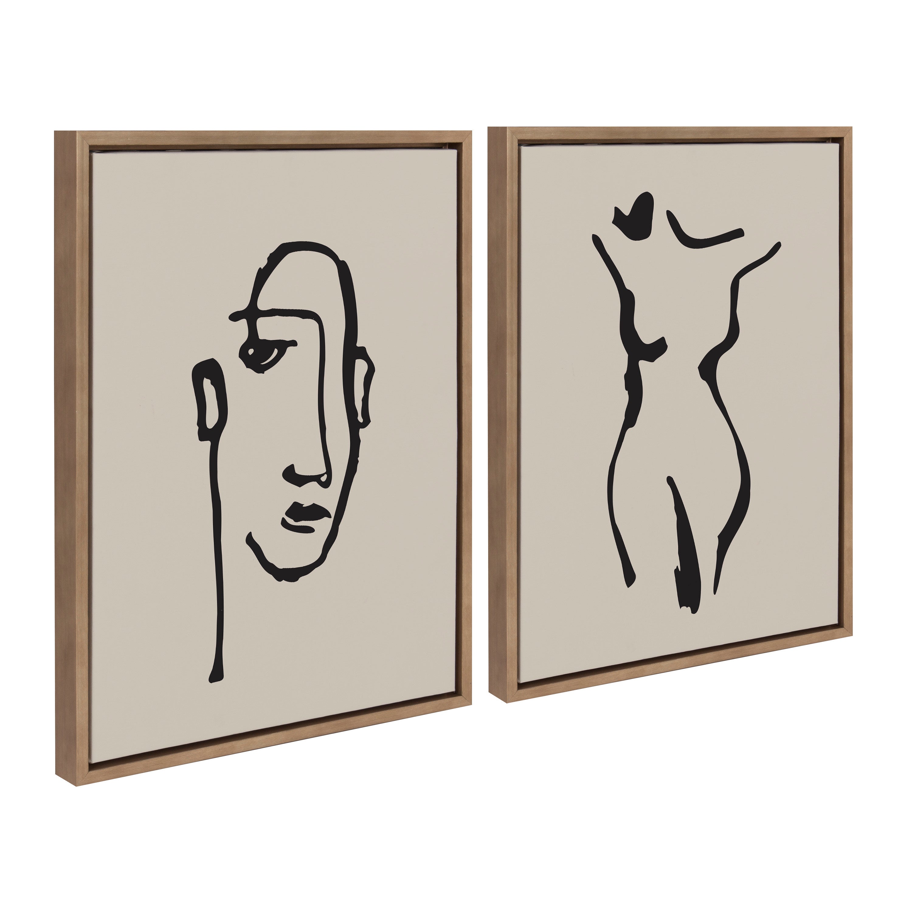 Sylvie Minimalist Neutral Line Art Drawing Face and Body framed canvas art set by The Creative Bunch Studio displayed in a neutral interior
