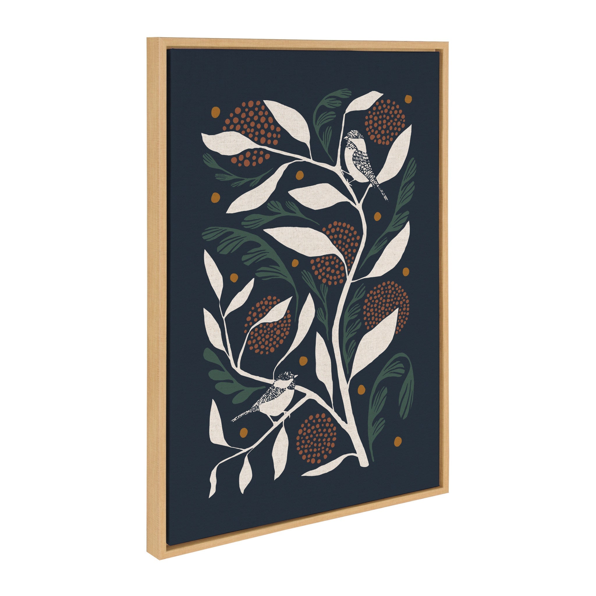 Framed canvas art with duo birds on a branch, vibrant colors in a natural lightweight frame