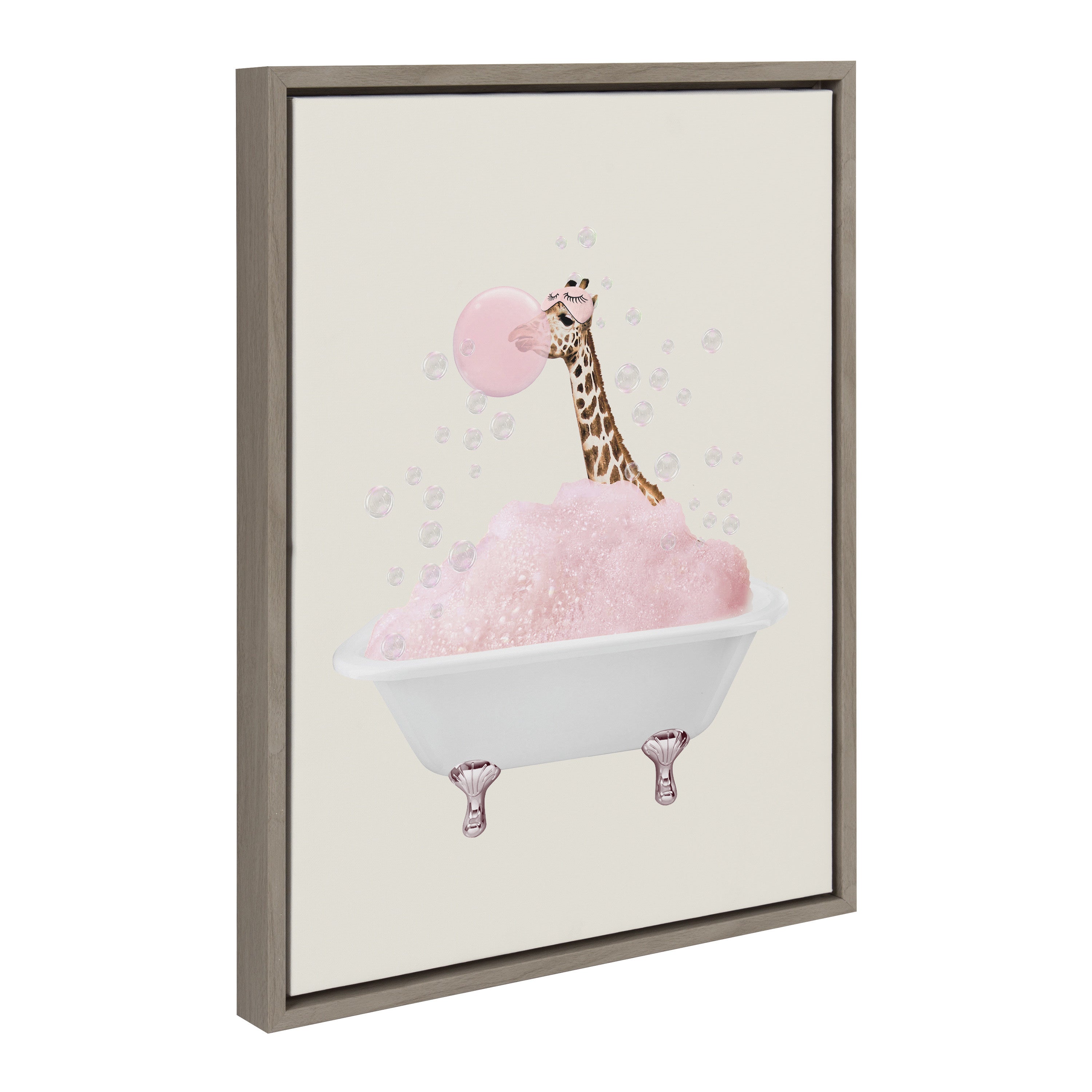 Sylvie Giraffe Taking a Bath framed canvas art showing a giraffe bathing in bathtub