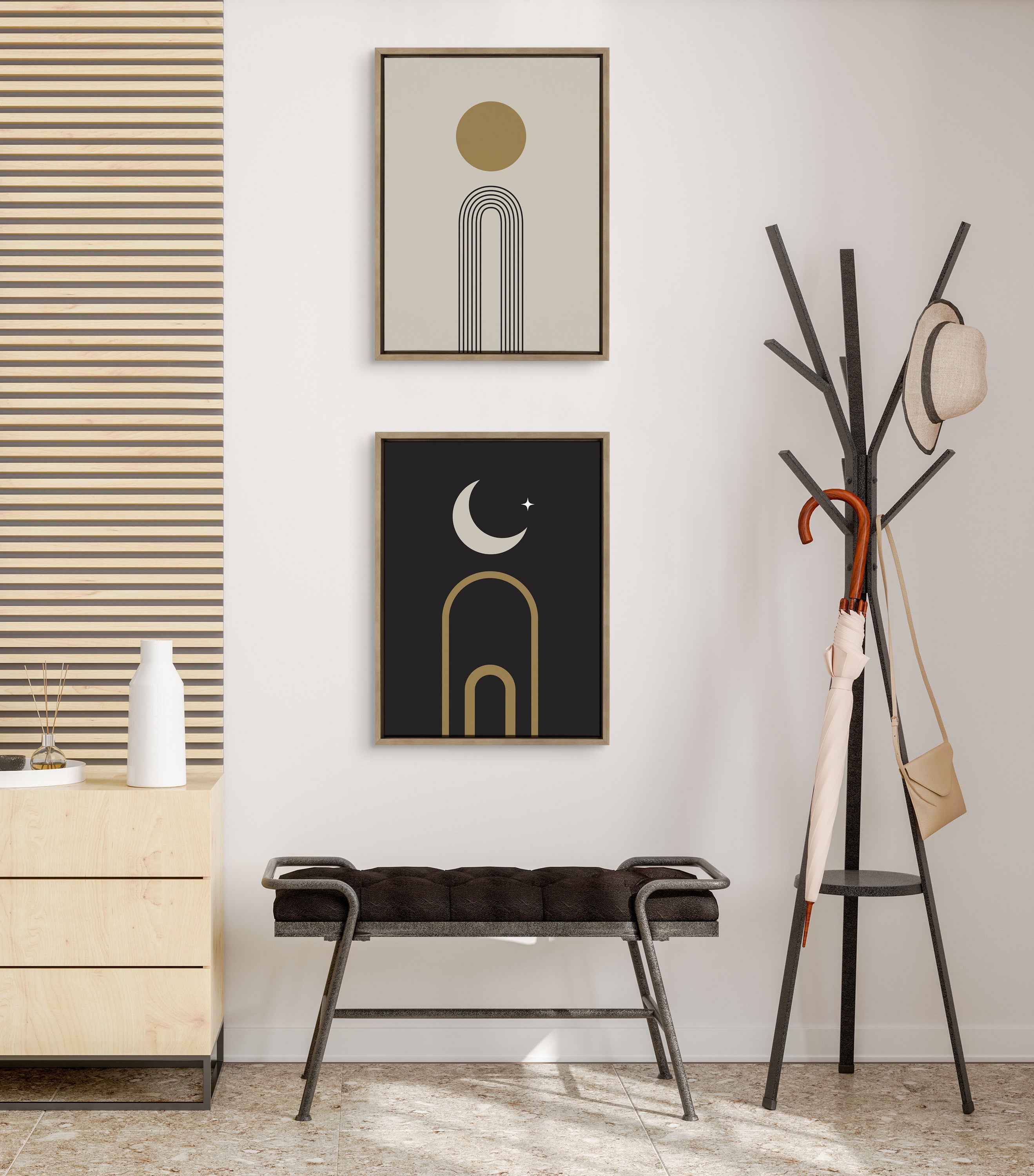 Sylvie Boho Minimalist Sunrise Rainbow and Moon Arches Framed Canvas Art Set