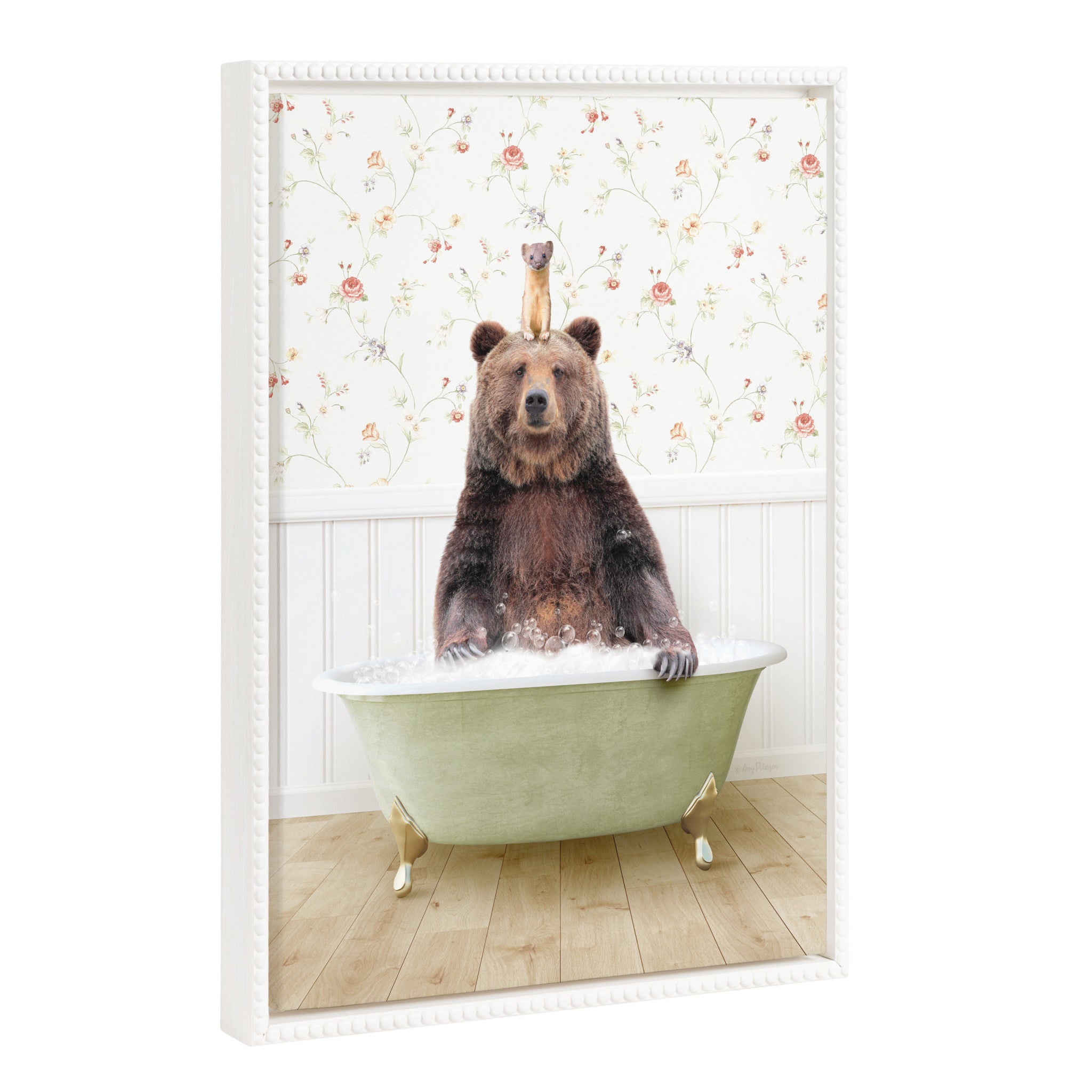 Sylvie Beaded Bear and Weasel in Country Cottage Bath framed canvas art by Amy Peterson displayed in white vintage beaded frame