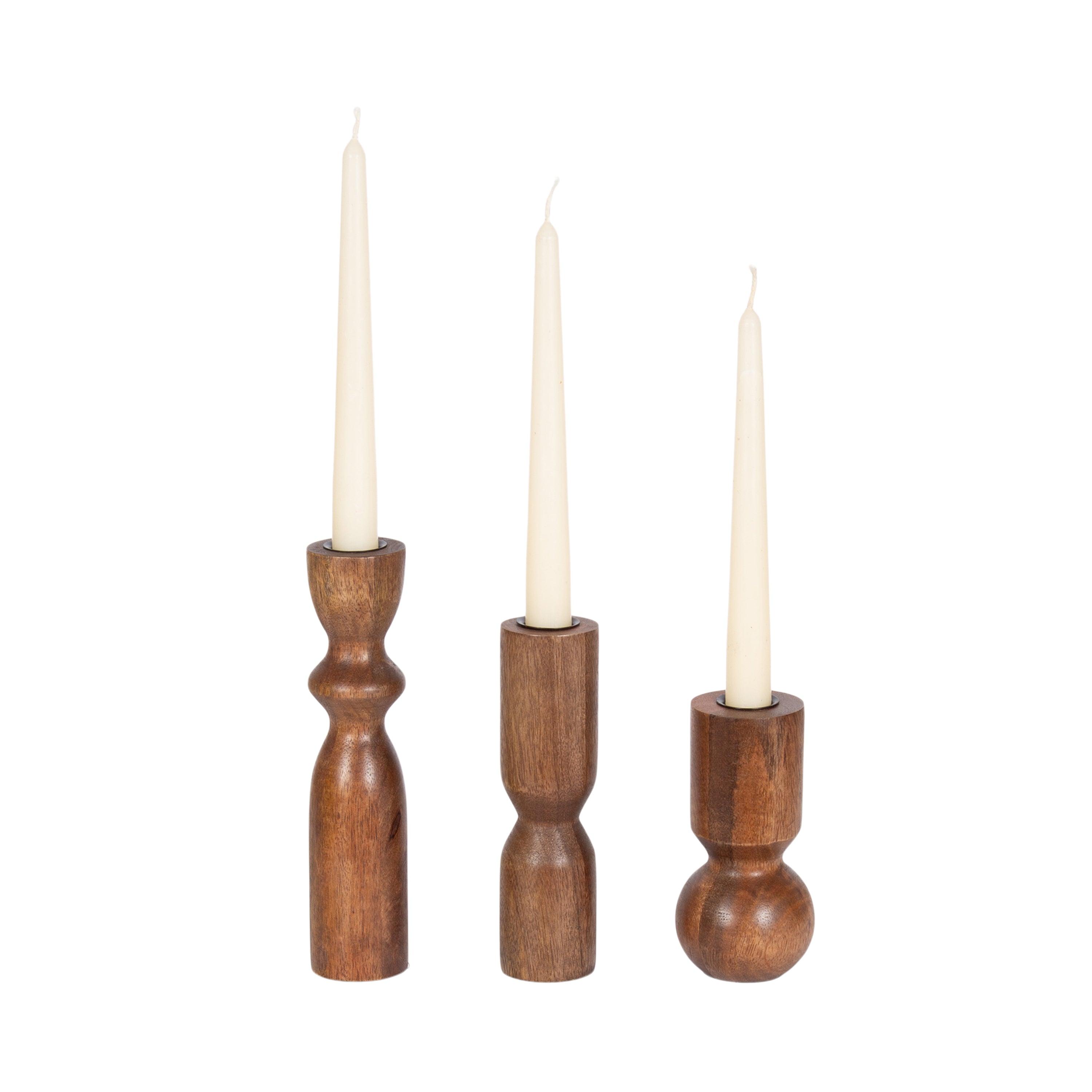 Three wooden taper candle holders of graduated heights arranged in Gold and Walnut Brown finishes