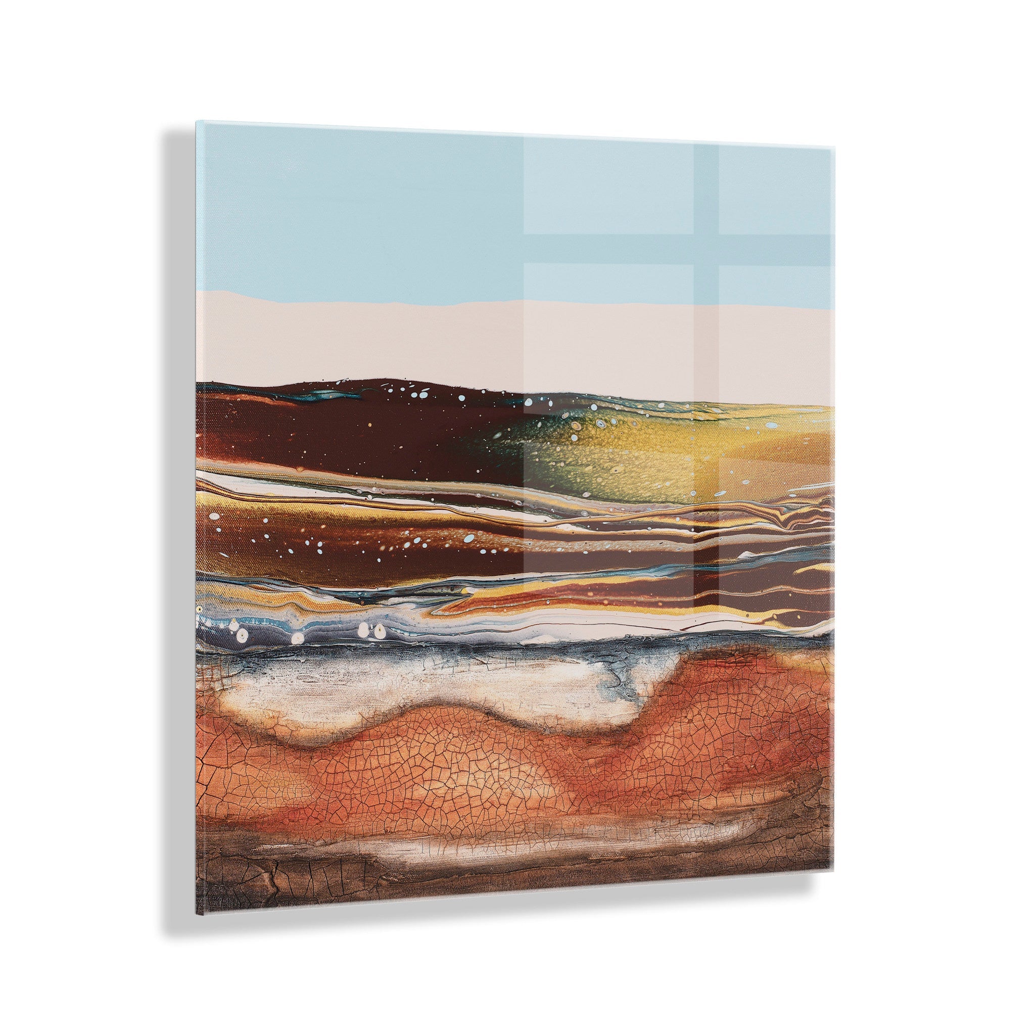 Sonoran Desert Floating Acrylic Art by Xizhou Xie showing abstract desert landscape in rich earth tones
