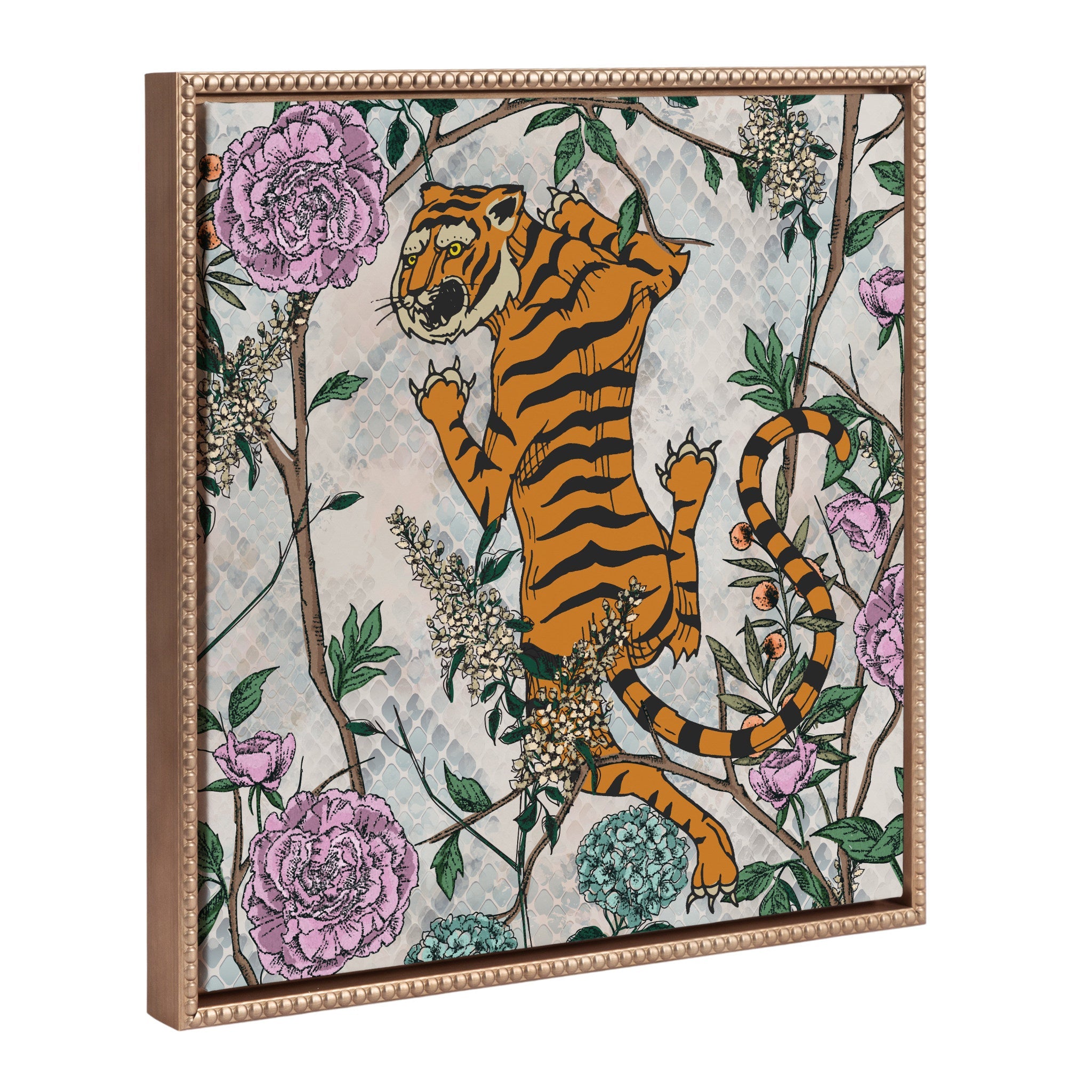 Sylvie Beaded Tiger Floral Framed Canvas art featuring a tiger illustration with colorful flowers in a gold vintage beaded frame