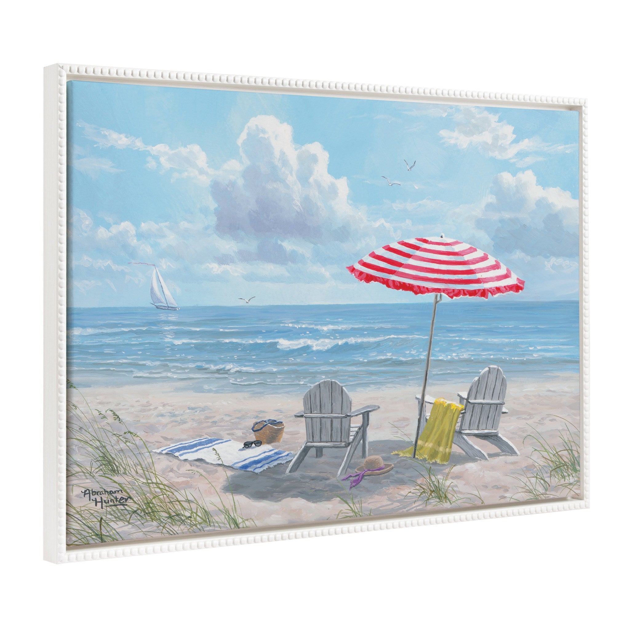 Sylvie Beaded Beach Day framed canvas art showing beach scene with vintage white beaded frame