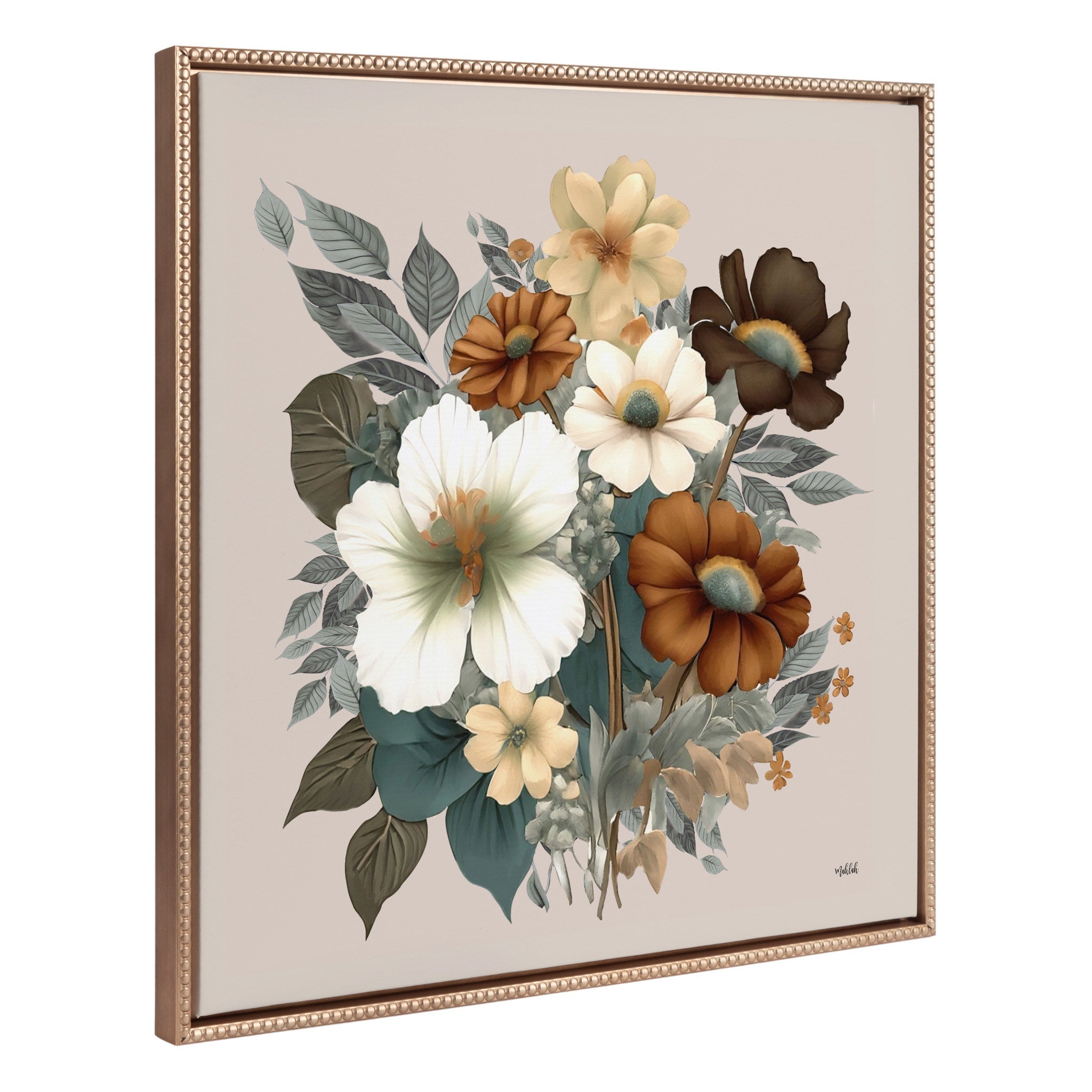Sylvie Beaded Blossom Symphony framed canvas artwork showing rustic fall floral bouquet in gold vintage beaded frame