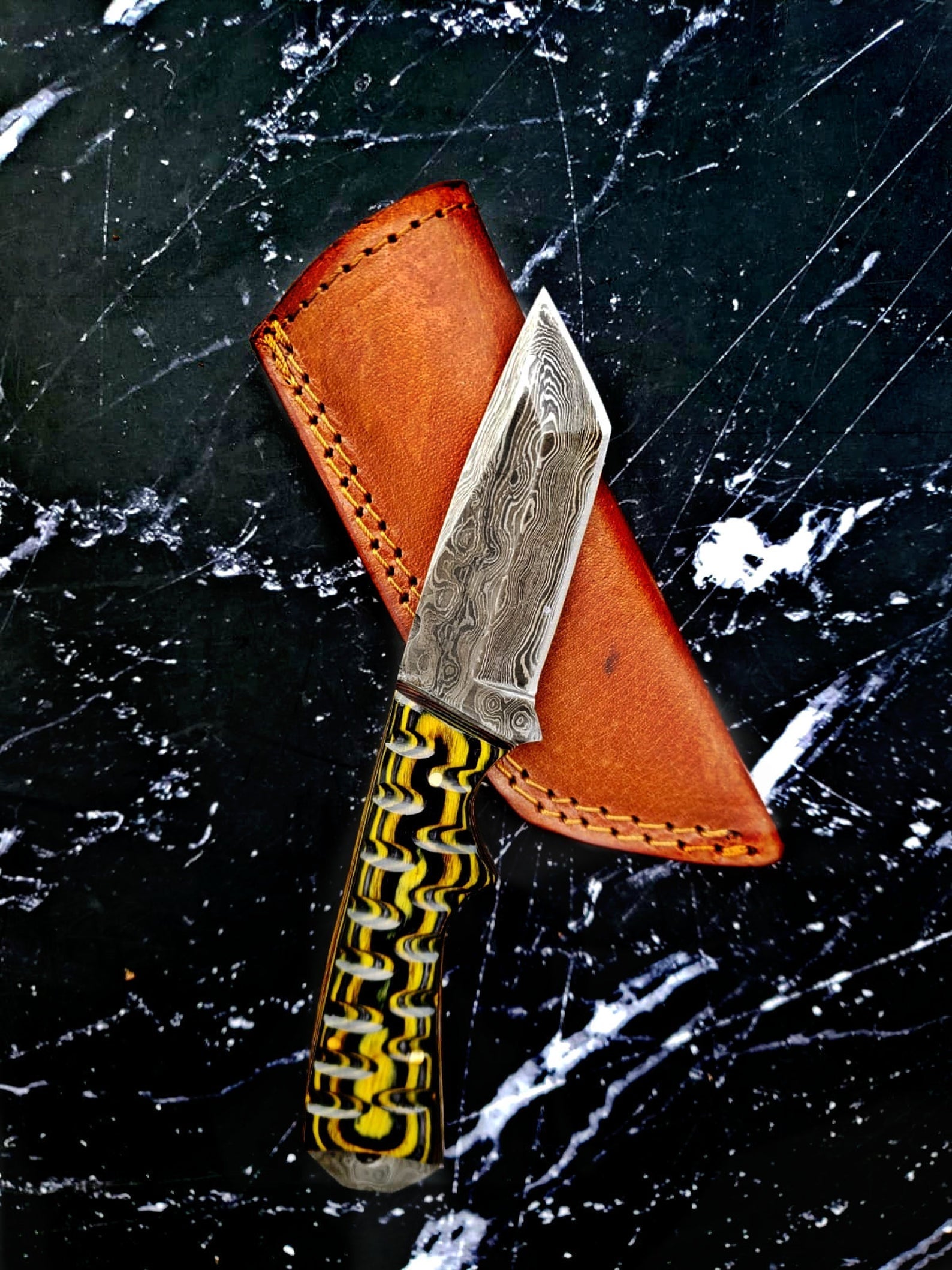 Custom, 8", knife, damascus knife, Carved Diamond Wood, beautiful twist Damascus TD-75