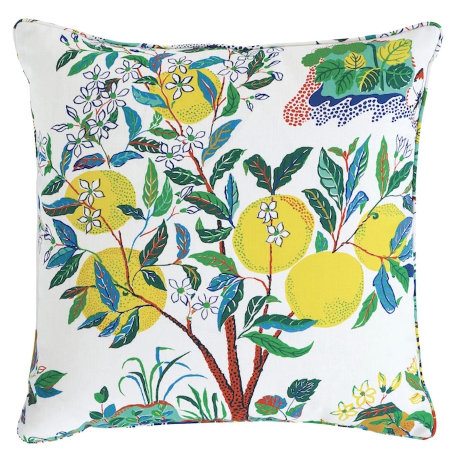 Citrus Garden Pillow Cover with vibrant floral print on front and ivory outdoor fabric on back
