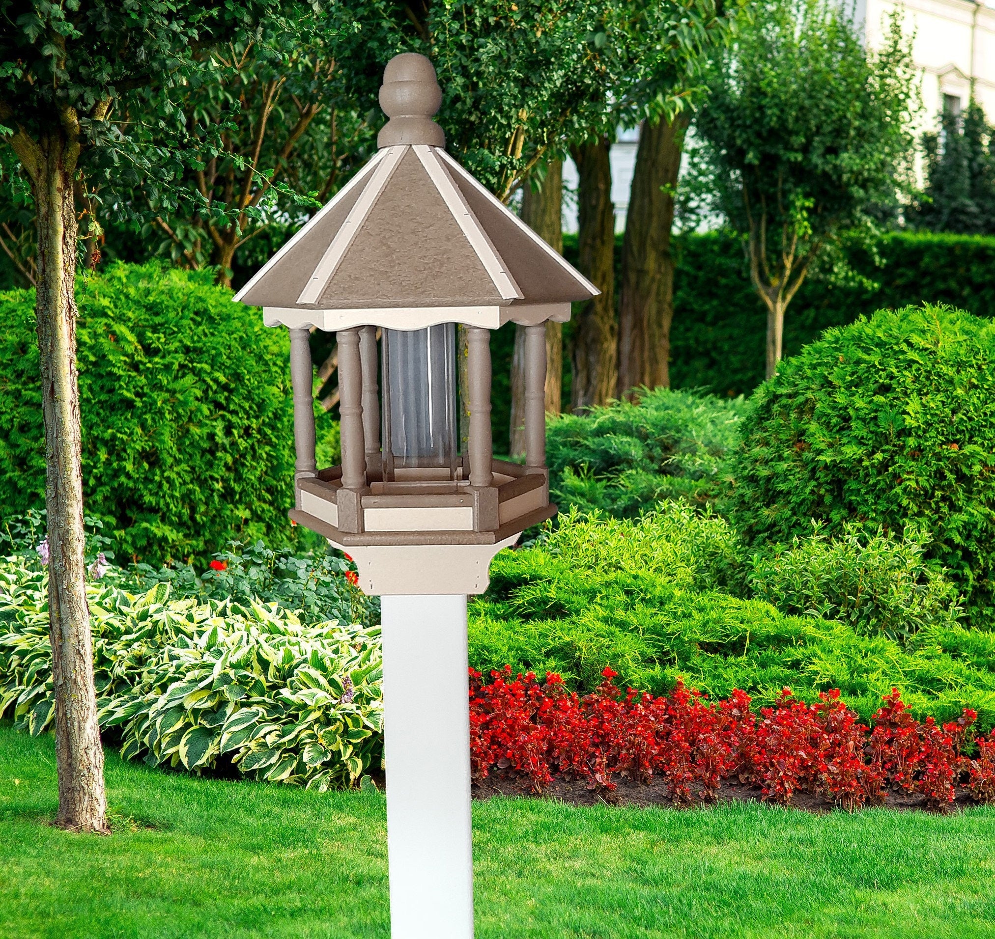 Premium Amish poly bird feeder with feeding tube in outdoor garden setting