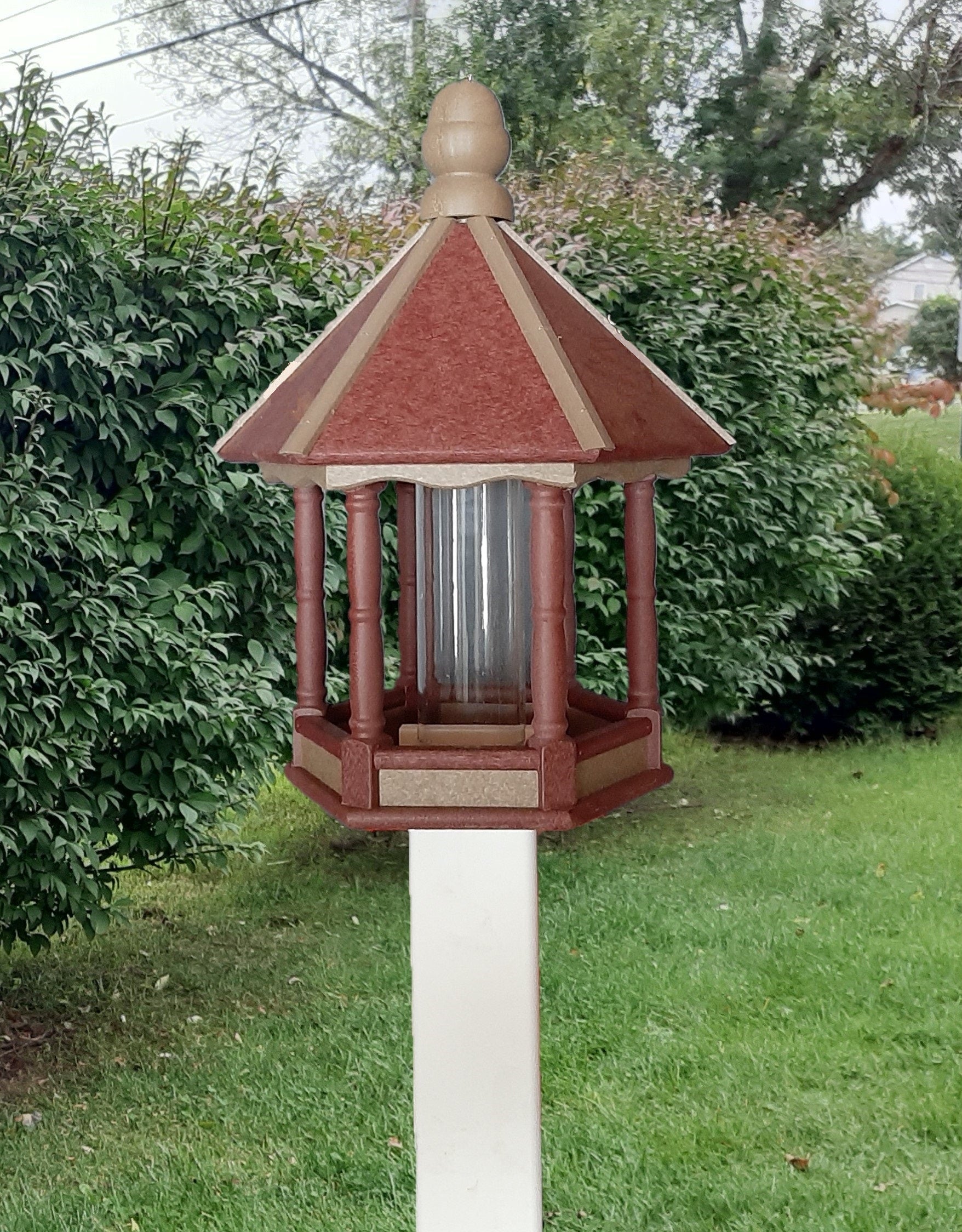Premium Amish poly bird feeder with feeding tube in outdoor garden setting