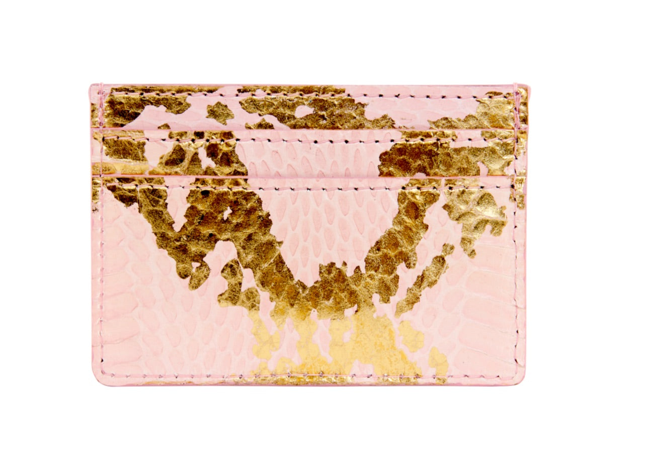 Soft Pink & Gold Snake Card Wallet showing snake skin texture and gold accents