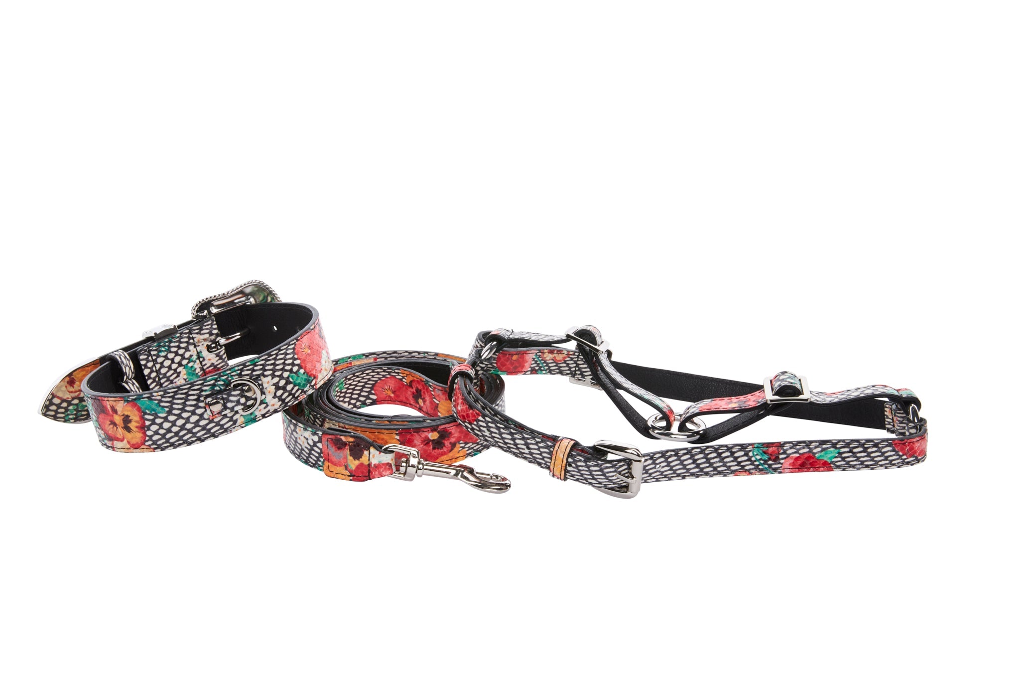 Pansy and Snake Print Embossed Italian Leather/Silver Swarovski Hardware Collar, Leash, Harness Set