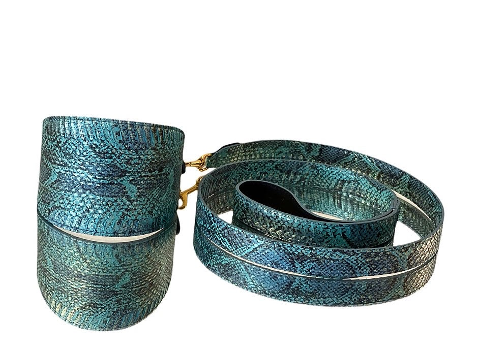Luxury pet collar and leash set with turquoise and dark blue multi-tone snakeskin pattern