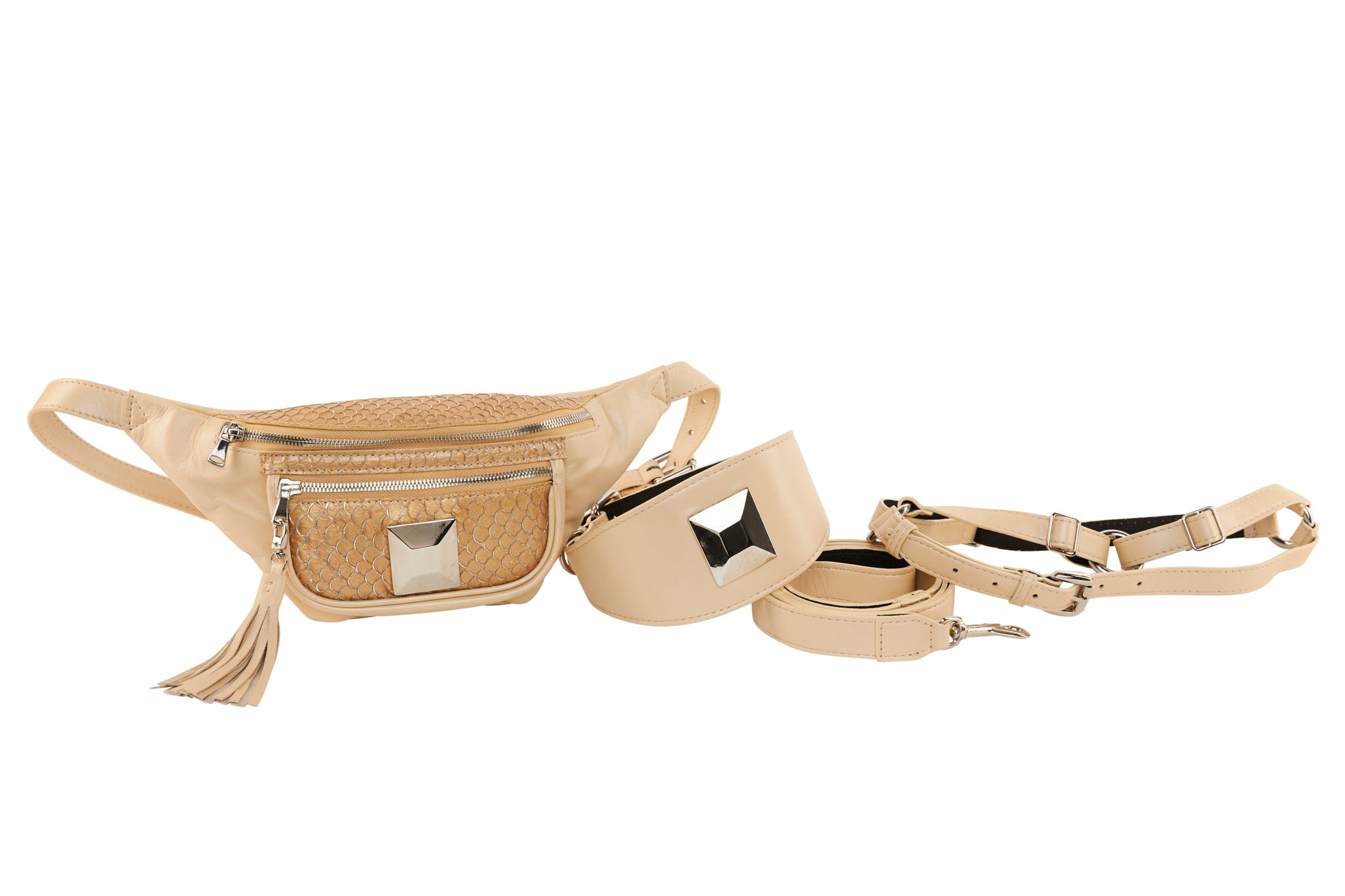 Pearl Beige Italian Leather/Tan Tilapia Fanny Pack With Large Silver by Allysa Payne Beverly Hills - product image 2 for Resin Society
