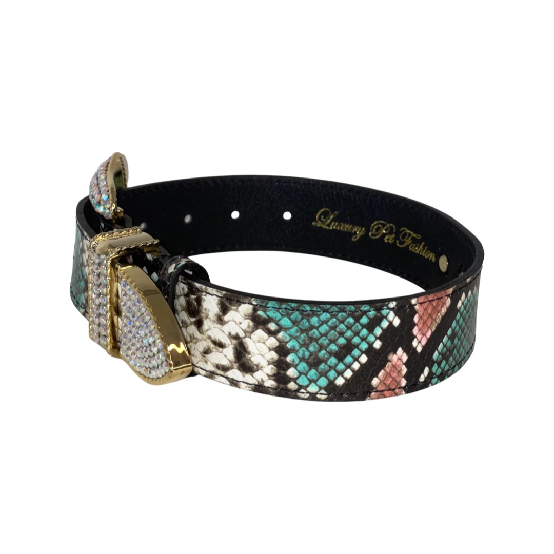 Multi-Color Embossed Snake Italian Leather Collar, with Italian Made Swarovski Crystal Hardware