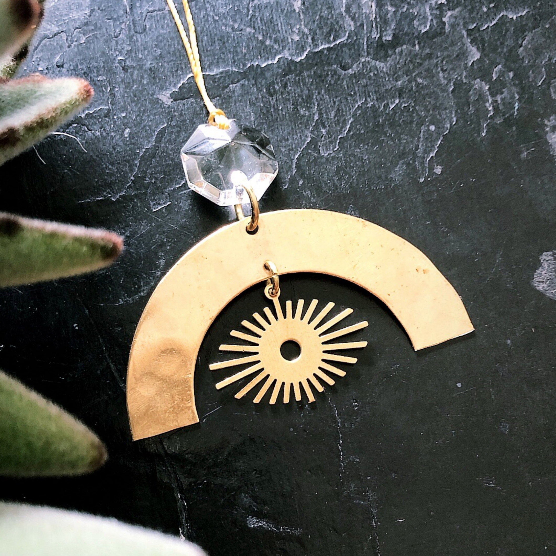 Hindsight Ornament With Vintage Glass Crystal showing hammered brass and faceted vintage glass crystal inset