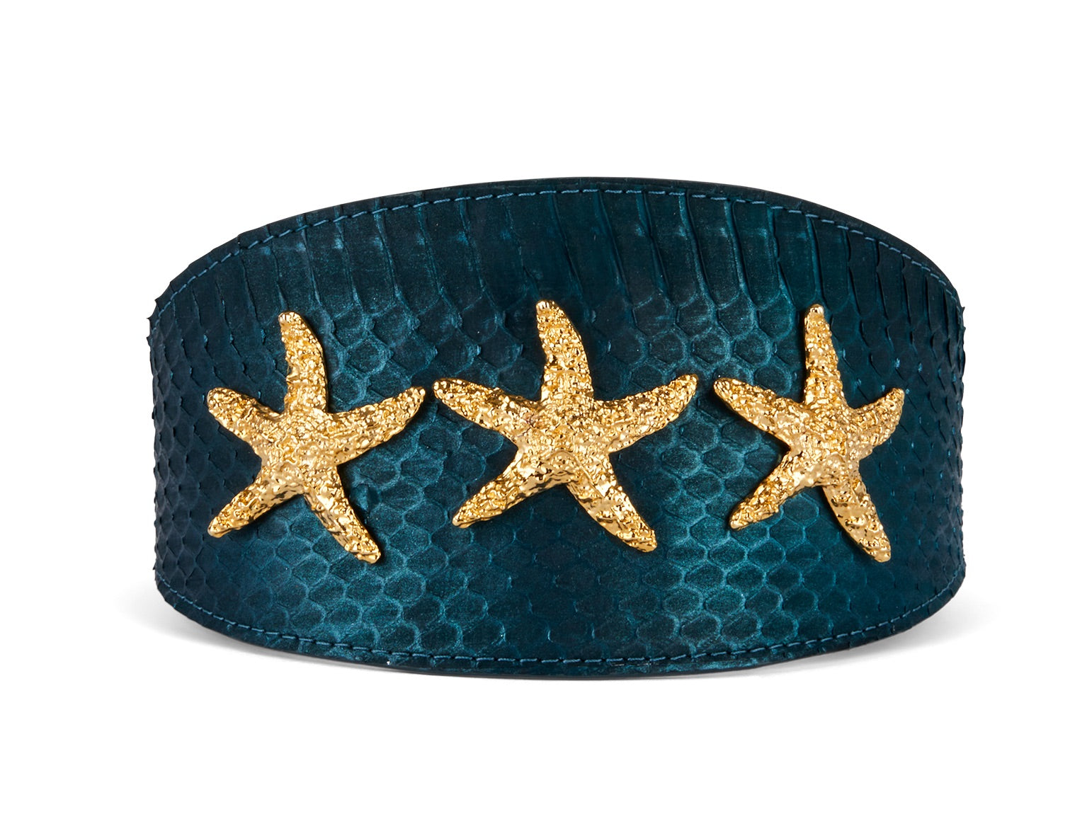 Iridescent matte blue/green snake pattern collar with gold starfish detail