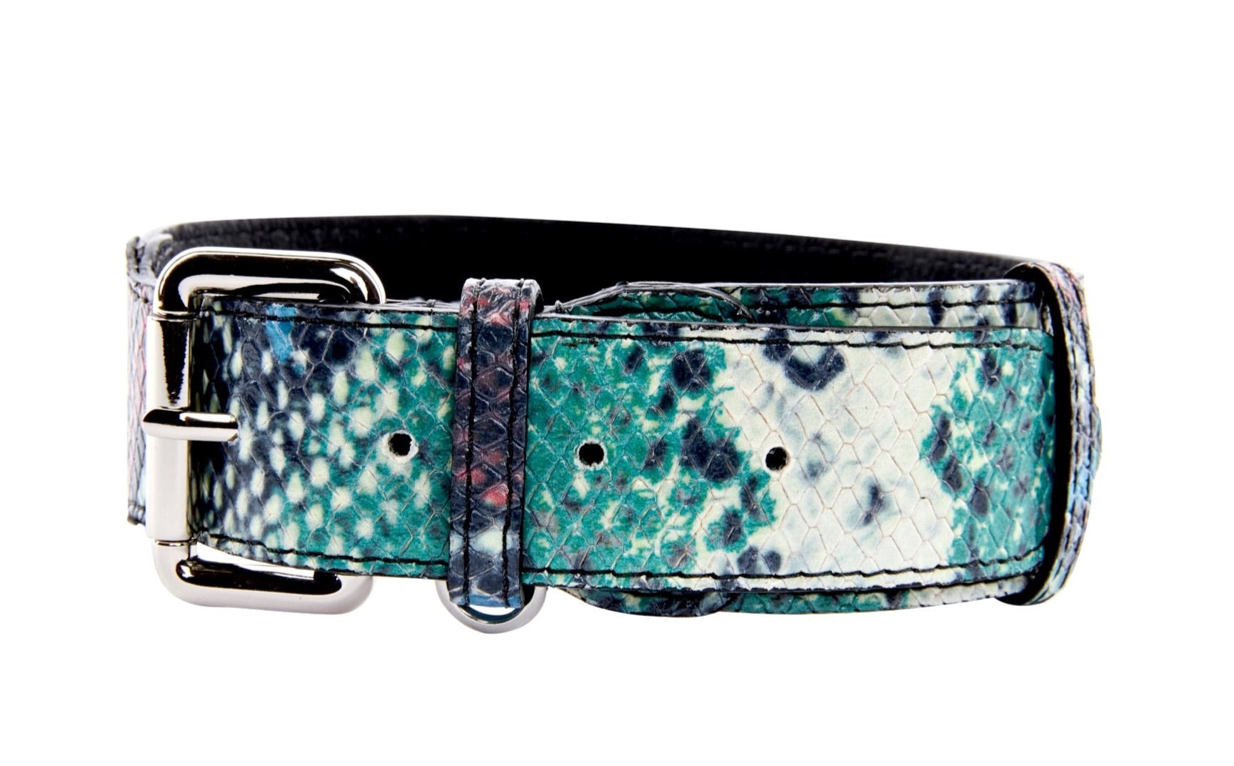 Green, Blue, Black, Red Embossed Snake Italian Leather Collar With Gold