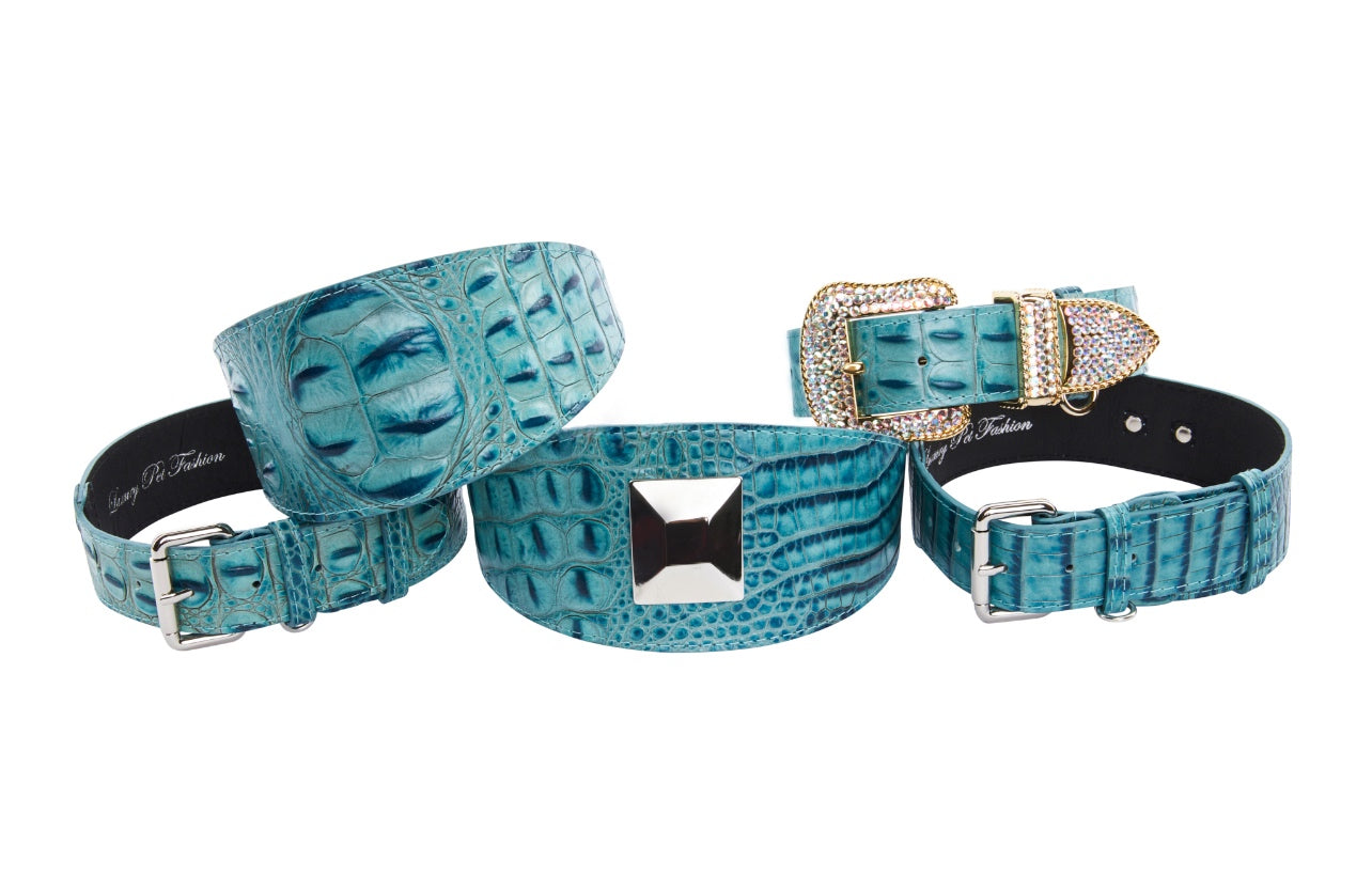 Turquoise Embossed Croc Italian Leather Collars. Amazing Set Of 5 by Allysa Payne Beverly Hills - main product image for Resin Society