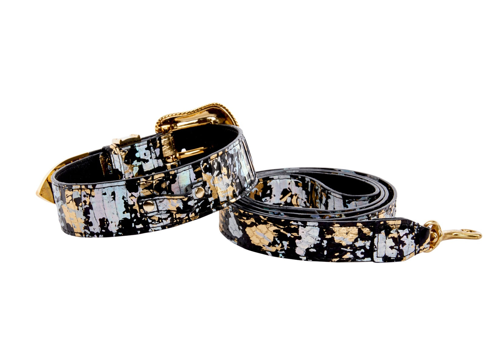 Black, Gold, Silver Iridescent Snake Collar & Leash Set With Swarovski