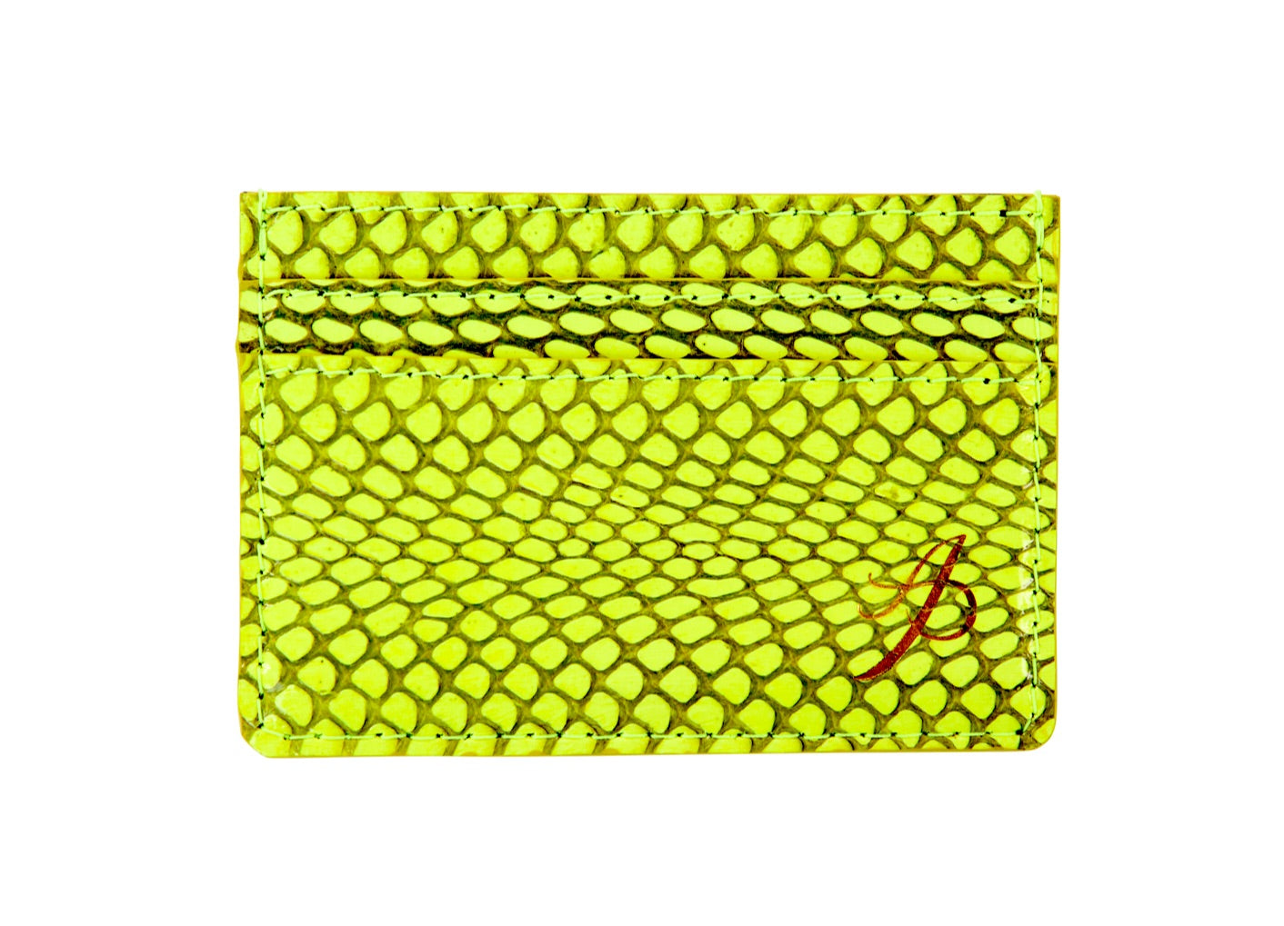 Viper Snake Card Wallet in neon green displayed in three detailed views