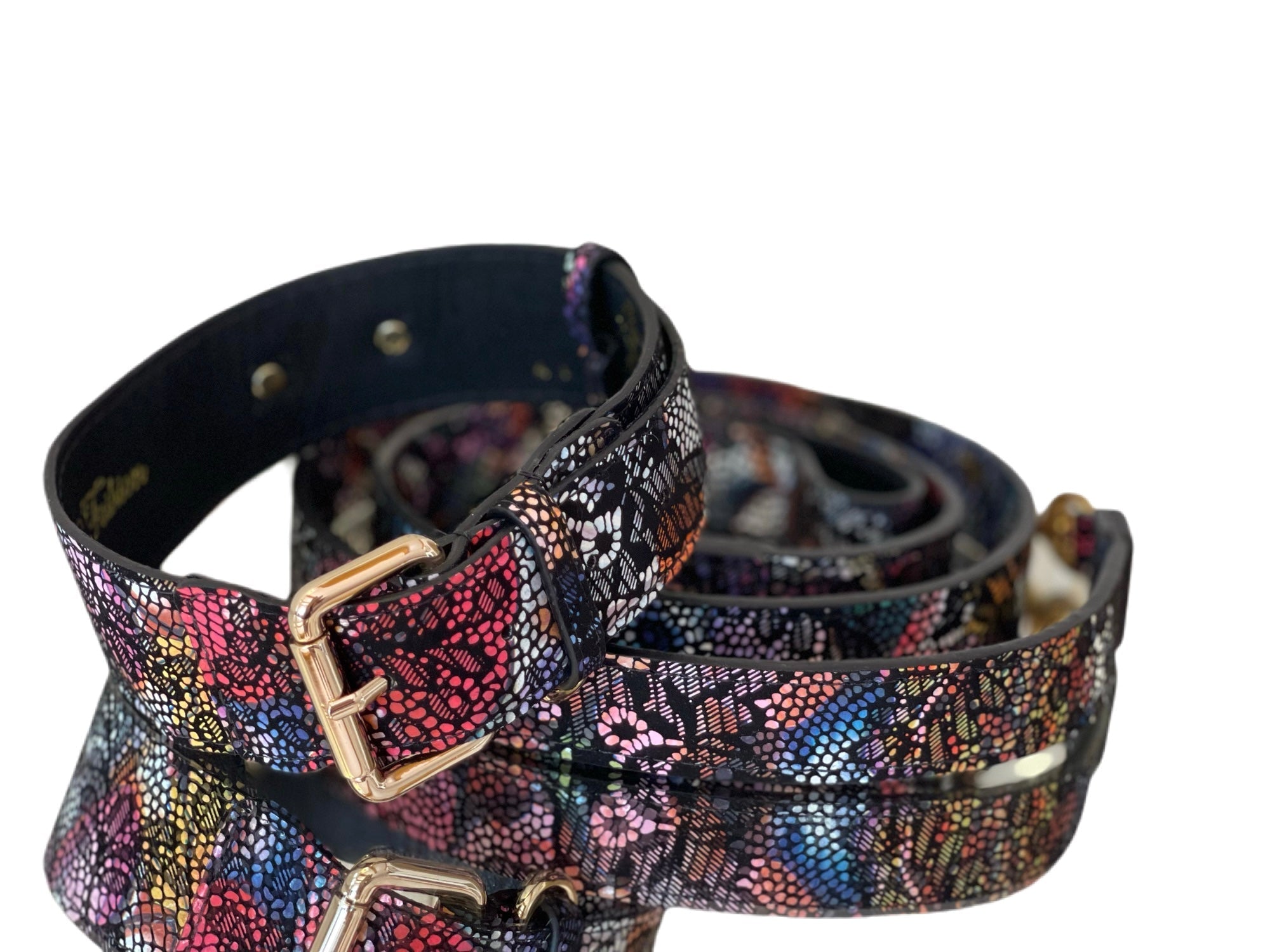 Black floral lace Italian leather dog collar and leash set with gold hardware