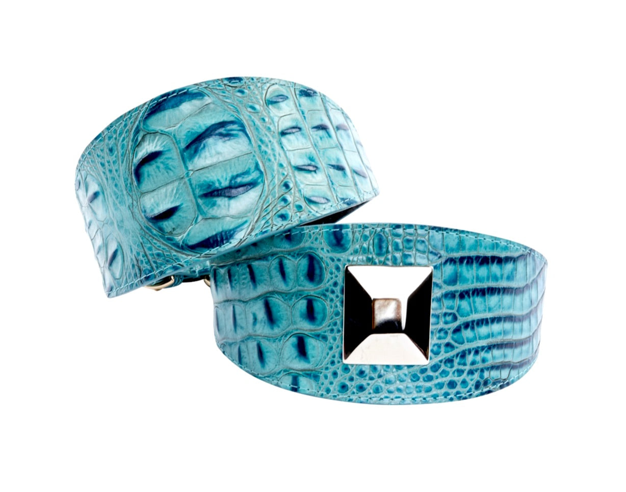 Turquoise Embossed Croc Italian Leather 3” Wide Style Collar Set Of 2 by Allysa Payne Beverly Hills - main product image for Resin Society