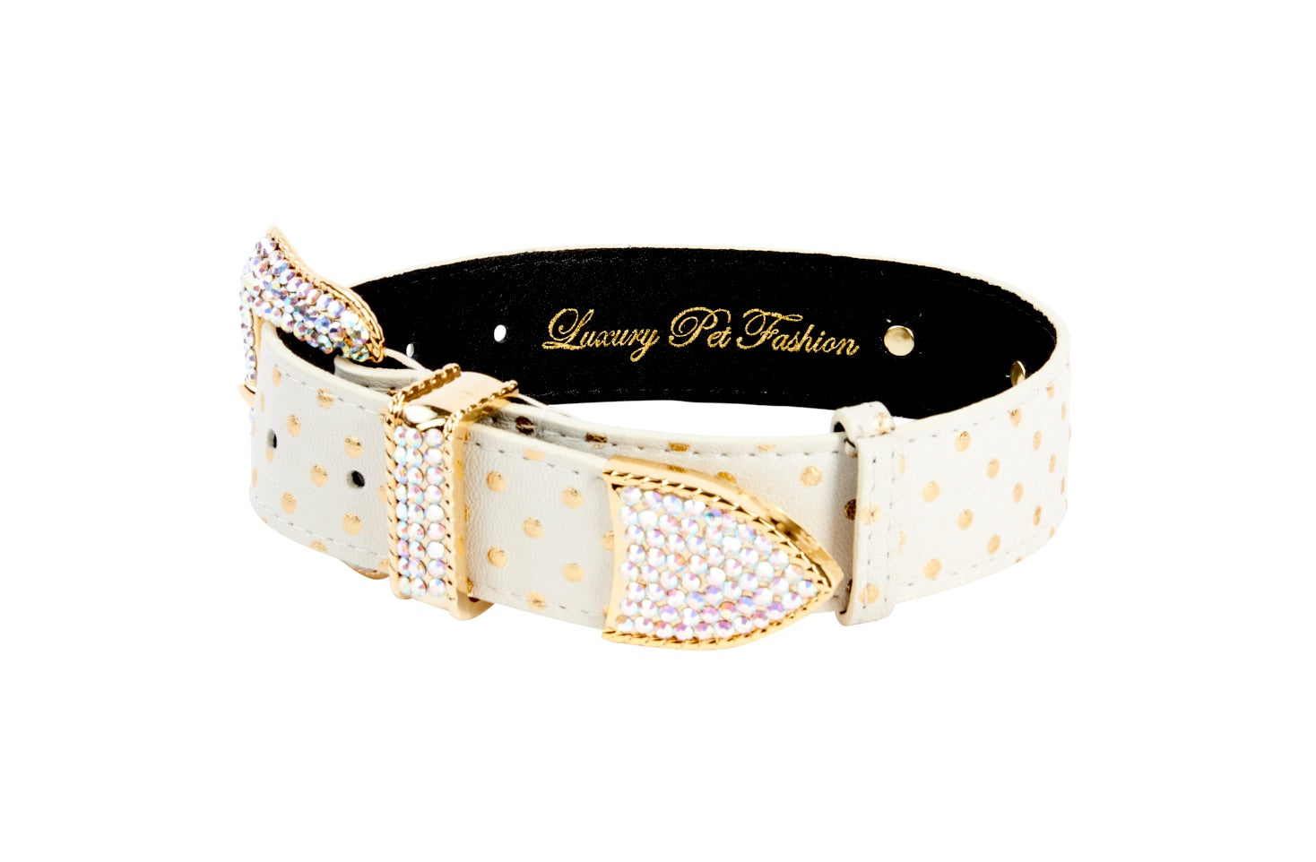 White & Gold Polka Dot Italian Leather Collar With Swarovski Crystal