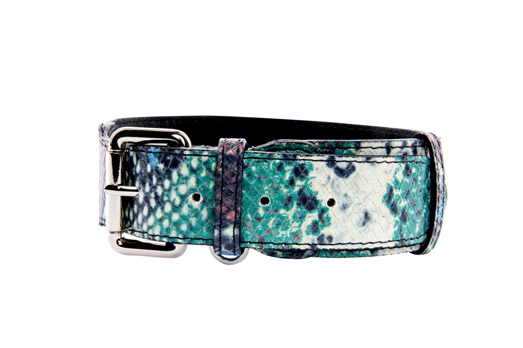 Green, Blue, Black, Red Embossed Snake Italian Leather Collar With Gold