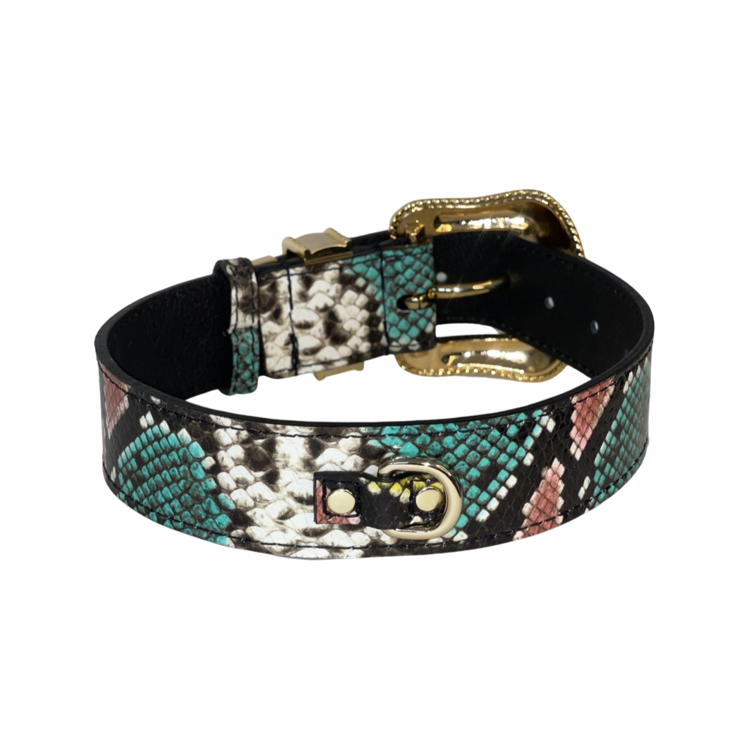 Multi-Color Embossed Snake Italian Leather Collar, with Italian Made Swarovski Crystal Hardware