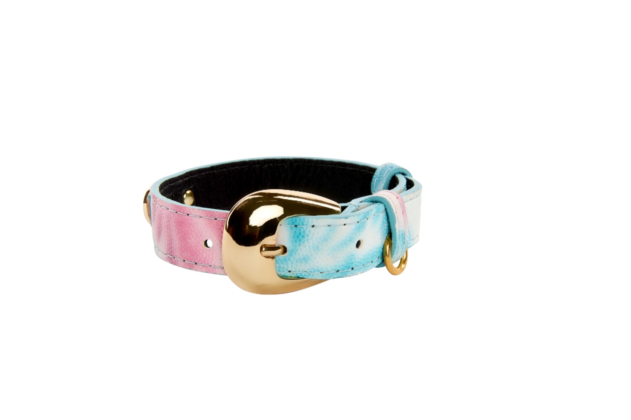 XS Italian leather collar with abstract floral print and gold oval hardware