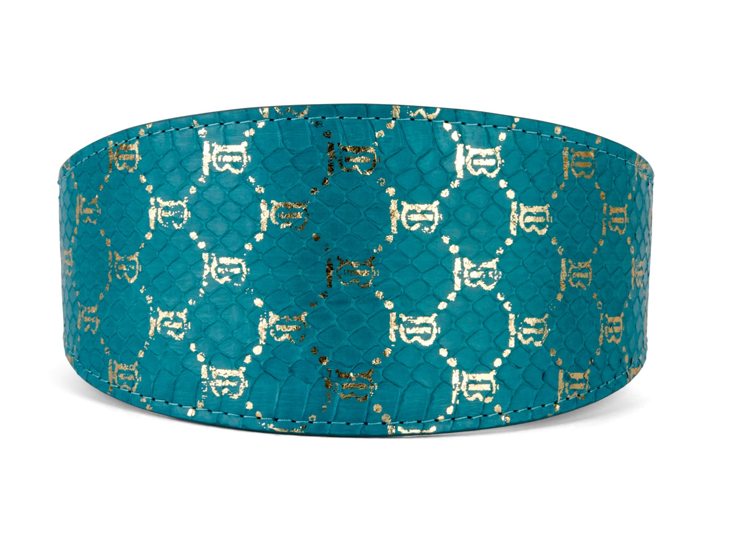 Teal and gold 3-inch wide style collar with monogram snake design by Allysa Payne Beverly Hills