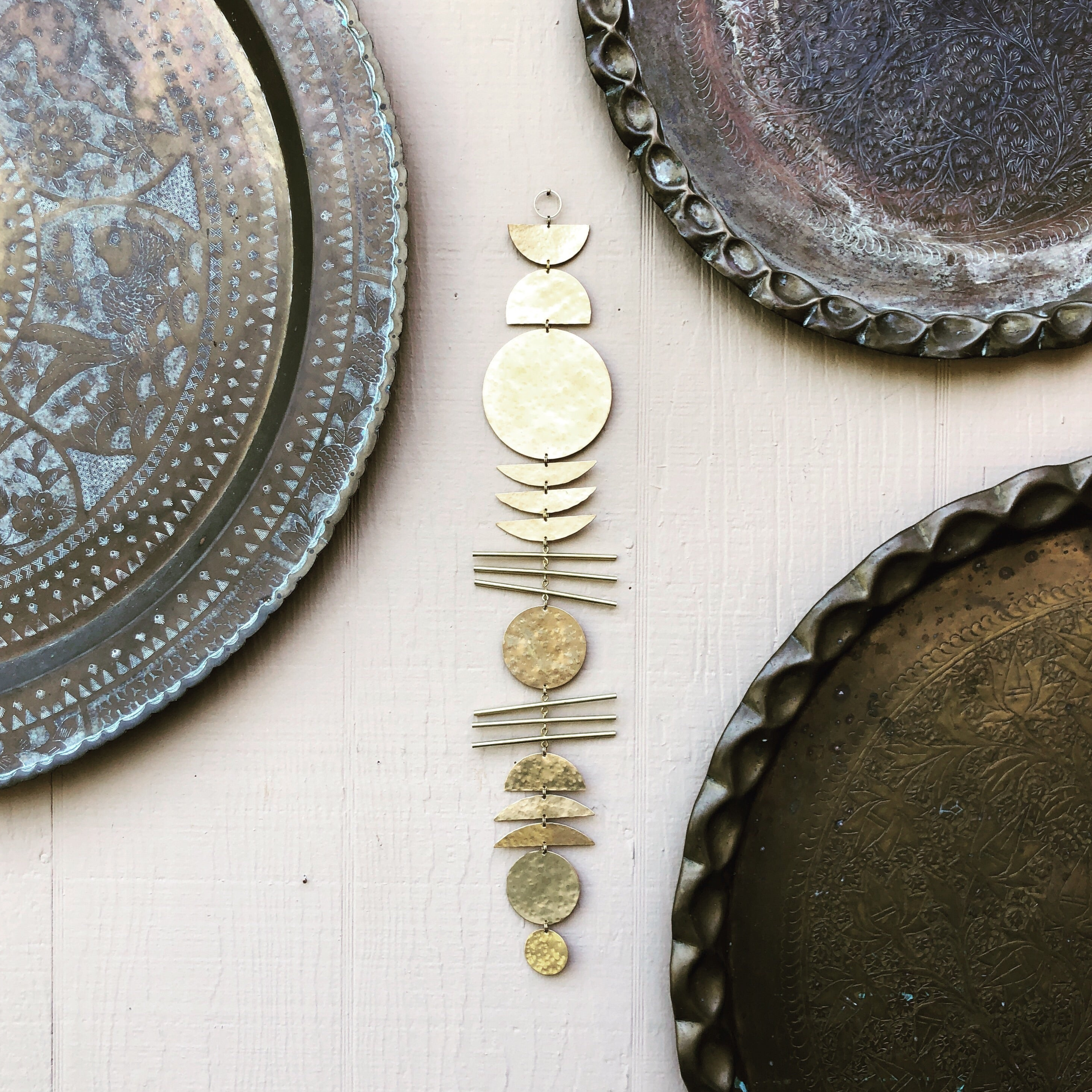 Earth Angel wall hanging with hammered brass and driftwood by Vida + Luz