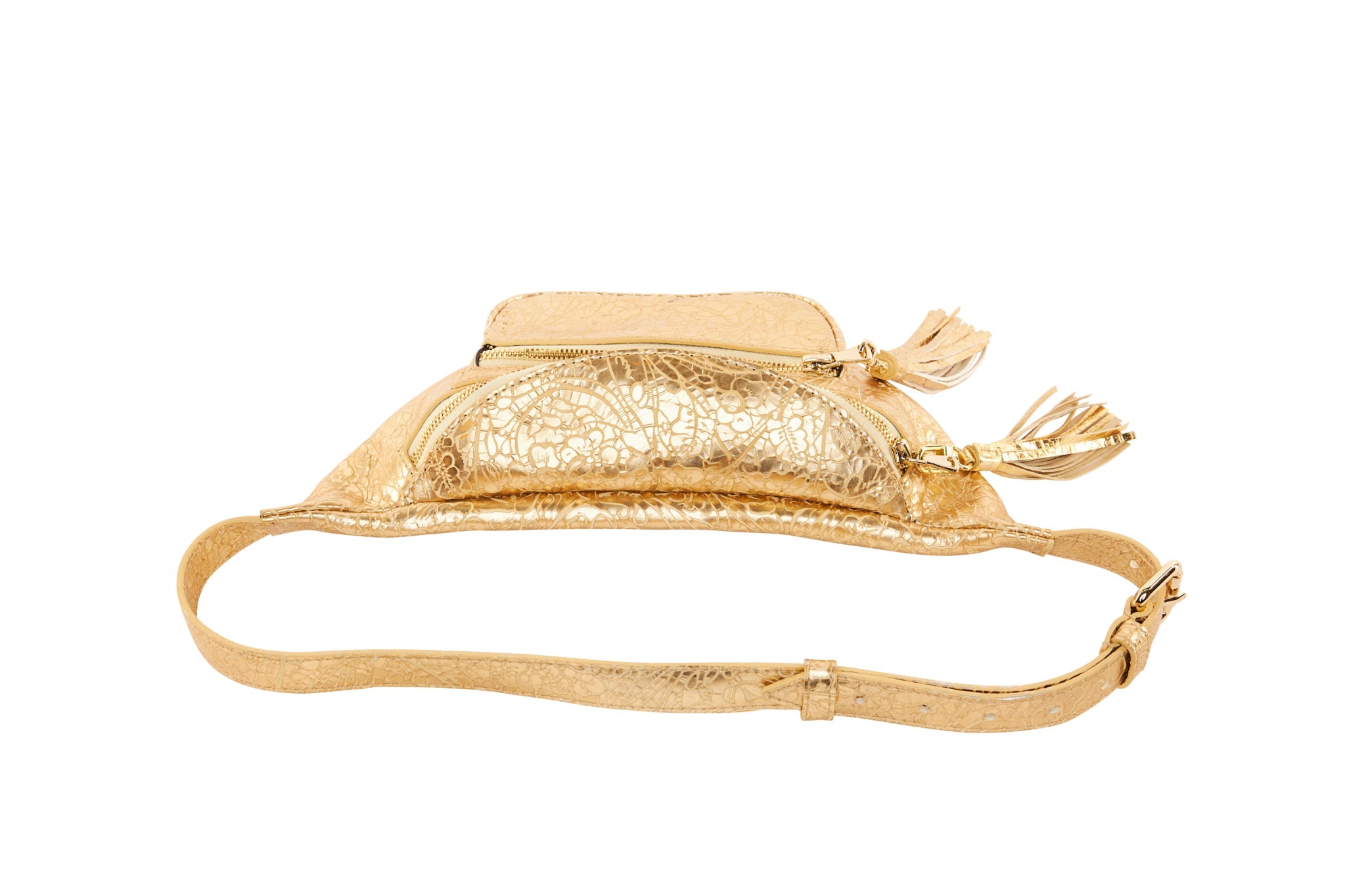 Gold Floral Embossed Italian Leather Cross Body Belt Bag by Allysa Payne Beverly Hills - product image 2 for Resin Society