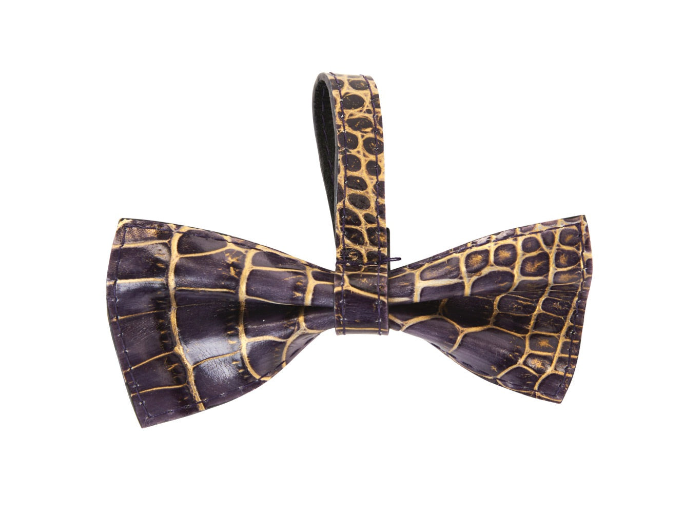 Dark purple leather bow tie with gold embossed crocodile pattern displayed flat on white surface