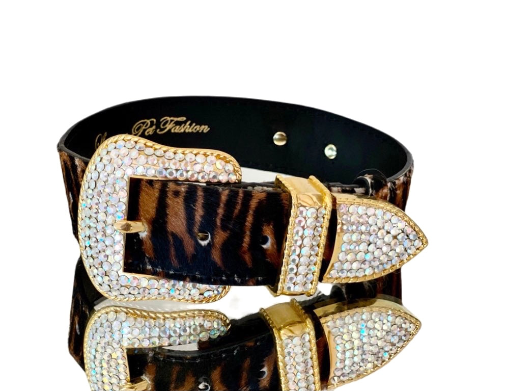 Luxury pet collar with tiger print on Italian leather and Swarovski crystal hardware