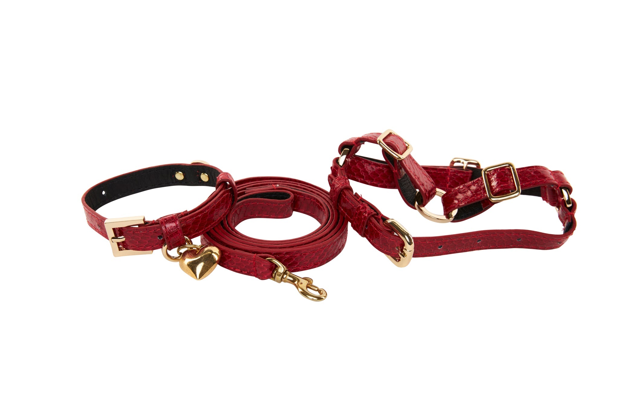 XS Red Viper Snake Collar, Leash, and Harness Set in red snake pattern