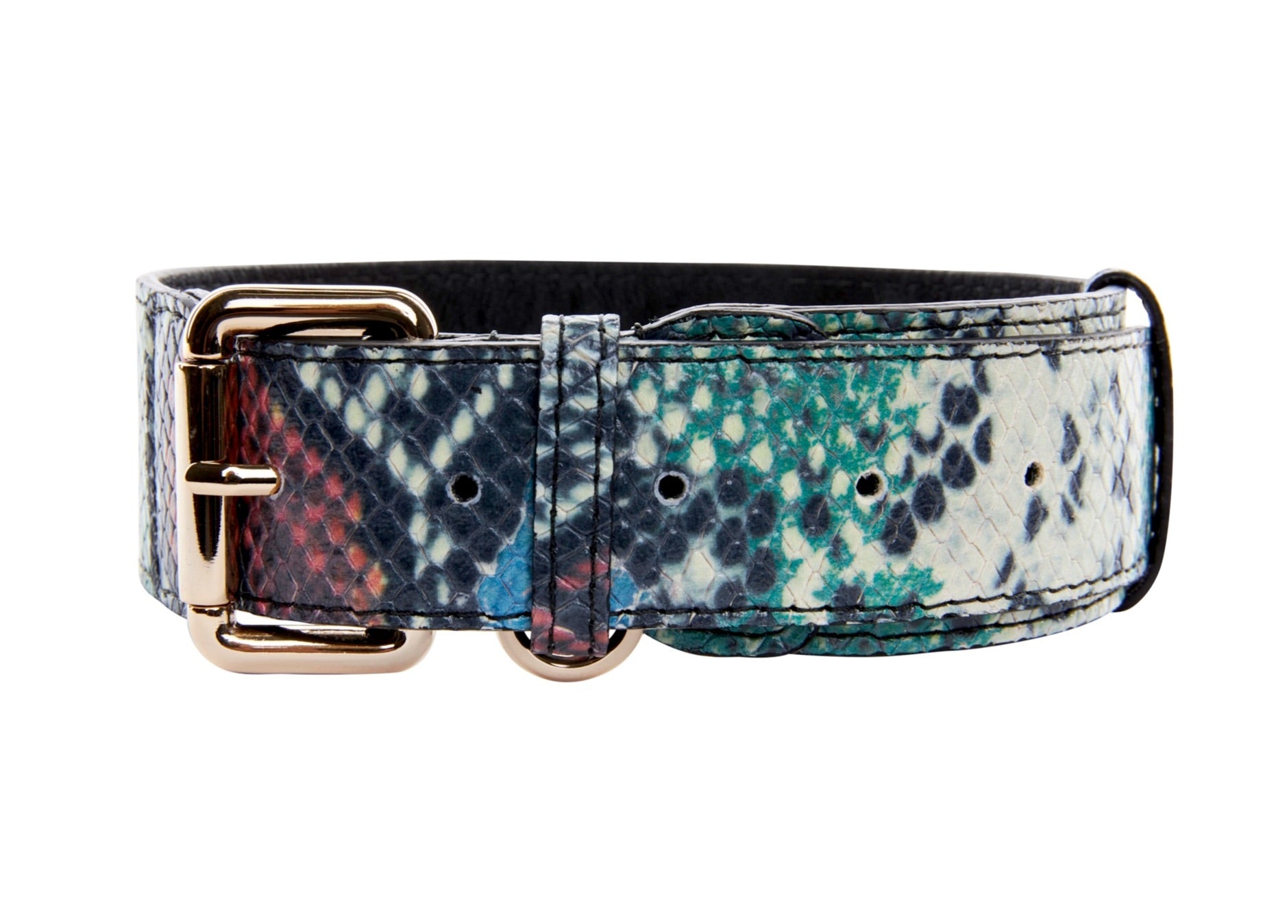 Green, Blue, Black, Red Embossed Snake Italian Leather Collar With Gold by Allysa Payne Beverly Hills - main product image for Resin Society
