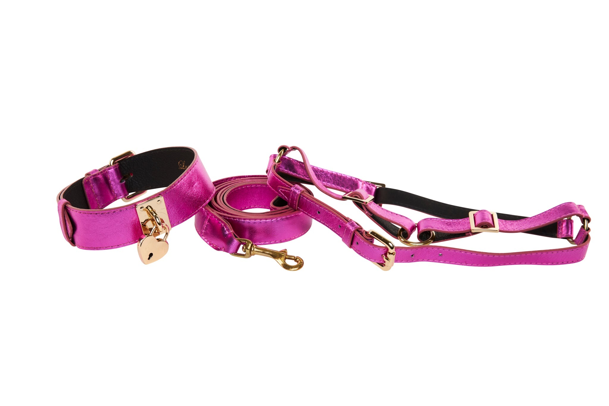 Pink foil Italian leather pet collar with reversible heart locket, matching leash, and harness