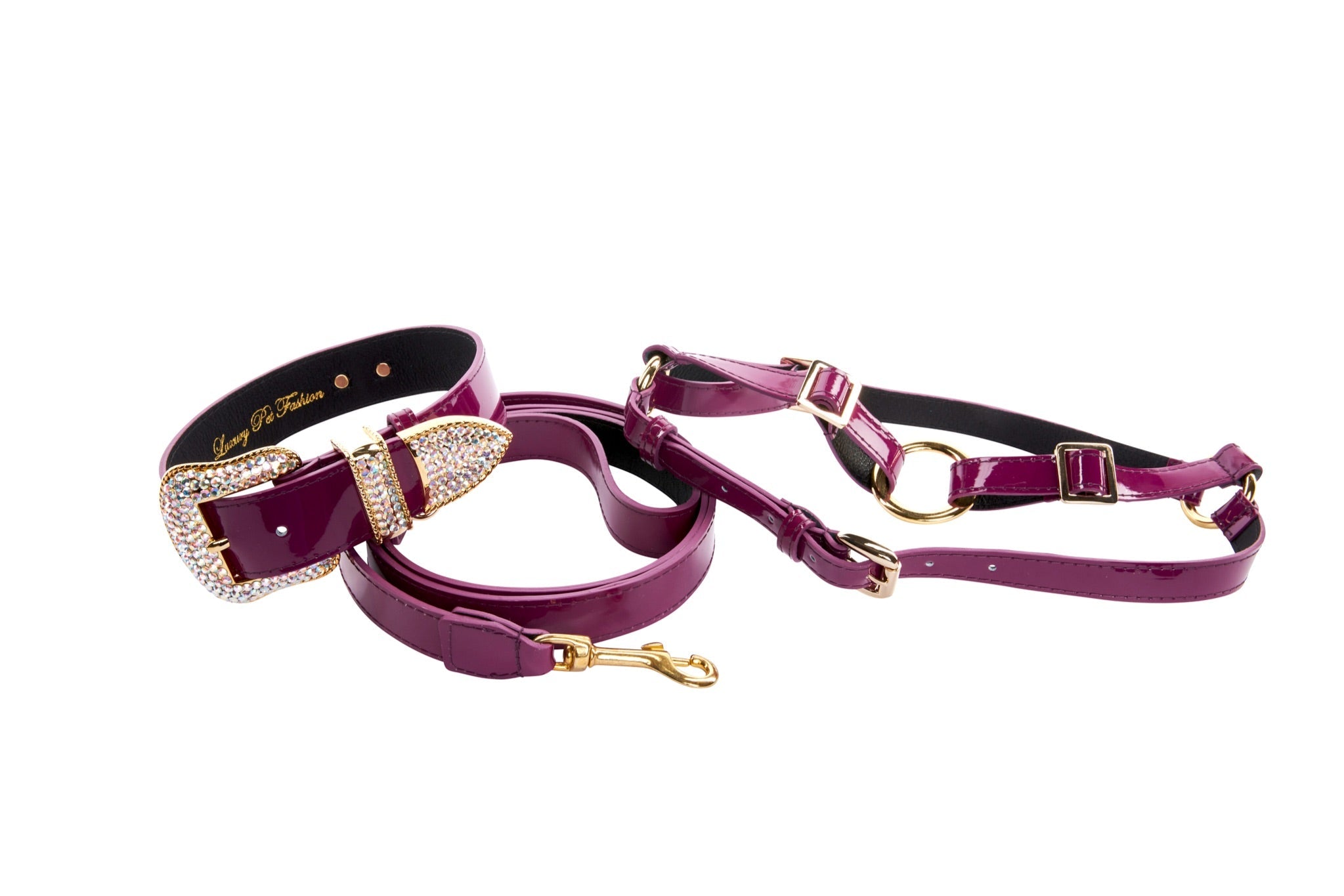 Purple patent Italian leather collar, leash, and harness set with sparkling Swarovski crystal hardware on pet