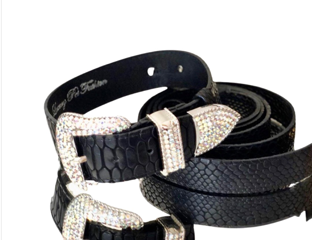 Black embossed python Italian leather dog collar and leash set with silver Swarovski Italian hardware on neutral background